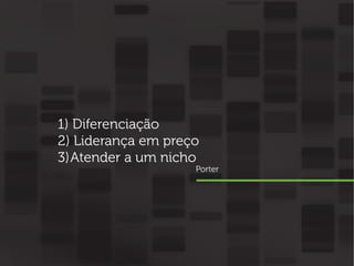 1) Diferenciação
2) Liderança em preço
3) Atender a um nicho

Porter

 