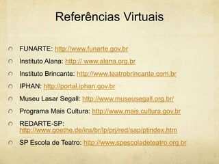ReferênciasVirtuaisFUNARTE: http://www.funarte.gov.brInstituto Alana: http:// www.alana.org.brInstitutoBrincante: http://www.teatrobrincante.com.brIPHAN: http://portal.iphan.gov.brMuseu Lasar Segall: http://www.museusegall.org.br/Programa Mais Cultura: http://www.mais.cultura.gov.brREDARTE-SP: http://www.goethe.de/ins/br/lp/prj/red/sap/ptindex.htmSP Escola de Teatro: http://www.spescoladeteatro.org.br