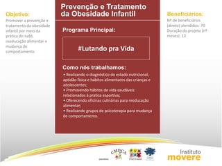 Programa Principal: 
Promover a prevenção e 
tratamento da obesidade 
infantil por meio da 
prática do Judô, 
reeducação alimentar e 
mudança de 
comportamento. 
Como nós trabalhamos: 
• Realizando o diagnóstico do estado nutricional, 
aptidão física e hábitos alimentares das crianças e 
adolescentes; 
• Promovendo hábitos de vida saudáveis 
relacionados à pratica esportiva; 
• Oferecendo oficinas culinárias para reeducação 
alimentar; 
• Realizando grupos de psicoterapia para mudança 
de comportamento. 
Objetivo: 
Prevenção e Tratamento 
da Obesidade Infantil 
#Lutando pra Vida 
Beneficiários: 
Nº de beneficiários 
(direto) atendidos: 70 
Duração do projeto (nº 
meses): 12 
 