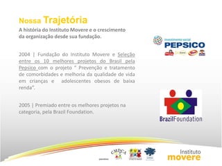 Nossa Trajetória 
A história do Instituto Movere e o crescimento 
da organização desde sua fundação. 
2004 | Fundação do Instituto Movere e Seleção 
entre os 10 melhores projetos do Brasil pela 
Pepsico com o projeto “ Prevenção e tratamento 
de comorbidades e melhoria da qualidade de vida 
em crianças e adolescentes obesos de baixa 
renda”. 
2005 | Premiado entre os melhores projetos na 
categoria, pela Brazil Foundation. 
 