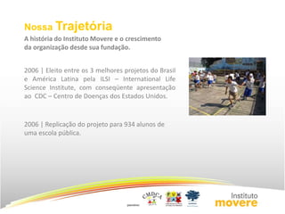 Nossa Trajetória 
A história do Instituto Movere e o crescimento 
da organização desde sua fundação. 
2006 | Eleito entre os 3 melhores projetos do Brasil 
e América Latina pela ILSI – International Life 
Science Institute, com conseqüente apresentação 
ao CDC – Centro de Doenças dos Estados Unidos. 
2006 | Replicação do projeto para 934 alunos de 
uma escola pública. 
 