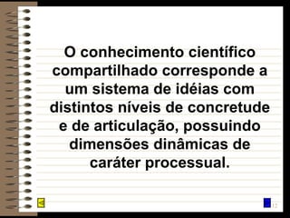 O conhecimento científico compartilhado corresponde a um sistema de idéias com distintos níveis de concretude e de articulação, possuindo dimensões dinâmicas de caráter processual. 