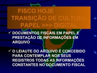 DOCUMENTOS FISCAIS EM PAPEL E PRESTAÇÃO DE INFORMAÇÕES EM ARQUIVO O LEIAUTE DO ARQUIVO É CONCEBIDO PARA CONTEMPLAR NOS SEUS REGISTROS TODAS AS INFORMAÇÕES CONSTANTES NO DOCUMENTO FISCAL FISCO HOJE  TRANSIÇÃO DE CULTURA PAPEL >>> DIGITAL 