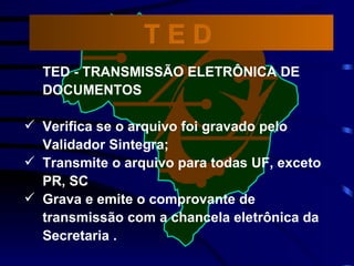 TED - TRANSMISSÃO ELETRÔNICA DE DOCUMENTOS Verifica se o arquivo foi gravado pelo Validador Sintegra; Transmite o arquivo para todas UF, exceto PR, SC Grava e emite o comprovante de transmissão com a chancela eletrônica da Secretaria . T E D  