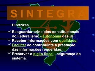 Diretrizes  Resguardar princípios constitucionais  do Federalismo -  autonomia  das UF; Receber informações com  qualidade ; Facilitar  ao contribuinte a prestação  das informações requeridas; Preservar o  sigilo fiscal  - segurança do  sistema. S I N T E G R A 