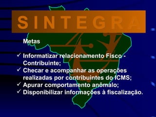 Metas Informatizar relacionamento Fisco -  Contribuinte; Checar e acompanhar as operações  realizadas por contribuintes do ICMS; Apurar comportamento anômalo; Disponibilizar informações à fiscalização. S I N T E G R A 