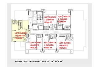 LOFT DUPLEX LOFT DUPLEX
                              1 QUARTO    1 QUARTO
                              FINAL 05    FINAL 04




LOFT DUPLEX
2 QUARTOS
FINAL 06

              LOFT DUPLEX    FOLT DUPLEX    LOFT DUPLEX
              1 QUARTO       1 QUARTO       1 QUARTO
              FINAL 01       FINAL 02       FINAL 03




PLANTA DUPLEX PAVIMENTO INF – 27°, 29°, 31° e 33°
 