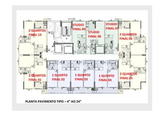 STUDIO                STUDIO
                           FINAL 09              FINAL 07
 2 QUARTOS                            STUDIO
 FINAL 10                                                   2 QUARTOS
                                      FINAL 08
                                                            FINAL 06




 2 QUARTOS     1 QUARTO      1 QUARTO                       2 QUARTOS
                                            1 QUARTO
 FINAL 01      FINAL 02      FINAL 03                       FINAL 05
                                            FINAL 04




PLANTA PAVIMENTO TIPO – 4° AO 24°
 