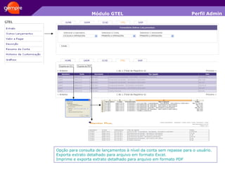 Módulo GTEL Opção para consulta de lançamentos à nível da conta sem repasse para o usuário. Exporta extrato detalhado para arquivo em formato Excel. Imprime e exporta extrato detalhado para arquivo em formato PDF Perfil Admin 