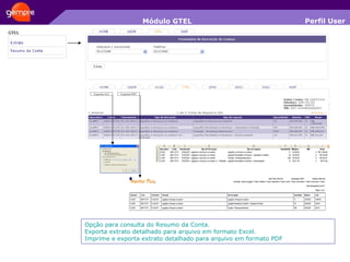 Módulo GTEL Perfil User Opção para consulta do Resumo da Conta. Exporta extrato detalhado para arquivo em formato Excel. Imprime e exporta extrato detalhado para arquivo em formato PDF 