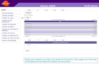 Módulo GADM Opção para cadastro de cargos para tabela de Funcionário. Esta opção será informada na combobox do formulário de cadastro de funcionário. Perfil Admin 