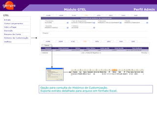 Módulo GTEL Opção para consulta do Histórico de Customização. Exporta extrato detalhado para arquivo em formato Excel. Perfil Admin 