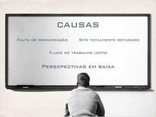 CAUSAS
Falta de comunicação Site totalmente defasado
Fluxo de trabalho lento
Perscpectivas em baixa
 