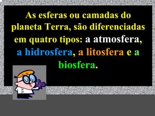 As esferas ou camadas do
planeta Terra, são diferenciadas
 em quatro tipos: a atmosfera,
 a hidrosfera, a litosfera e a
          biosfera.


          Universo - Prof. Albano Novaes   29
 