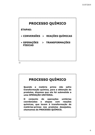 31/07/2019
6
PROCESSO QUÍMICO
ETAPAS:
• CONVERSÕES  REAÇÕES QUÍMICAS
• OPERAÇÕES  TRANSFORMAÇÕES
FÍSICAS
PROCESSO QUÍMICO
Quando a matéria prima não sofre
transformação química, para a obtenção de
produtos, dizemos que ela foi submetida a
uma OPERAÇÃO UNITÁRIA.
O conjunto de operações unitárias
coordenadas e etapas com reações
químicas, que levam à transformação de
matérias-primas nos produtos desejados,
chamamos de PROCESSO QUÍMICO.
11
12
 