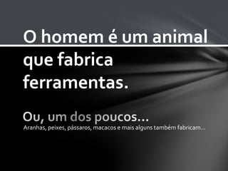 O homem é um animal
que fabrica
ferramentas.

Aranhas, peixes, pássaros, macacos e mais alguns também fabricam...
 