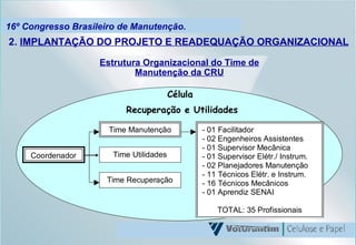 16º Congresso Brasileiro de Manutenção. 2.  IMPLANTAÇÃO DO PROJETO E READEQUAÇÃO ORGANIZACIONAL Estrutura Organizacional do Time de Manutenção da CRU Célula  Recuperação e Utilidades 