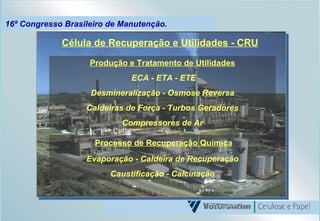 16º Congresso Brasileiro de Manutenção. Célula de Recuperação e Utilidades - CRU Produção e Tratamento de Utilidades ECA - ETA - ETE Desmineralização - Osmose Reversa Caldeiras de Força - Turbos Geradores Compressores de Ar Processo de Recuperação Química Evaporação - Caldeira de Recuperação Caustificação - Calcinação 