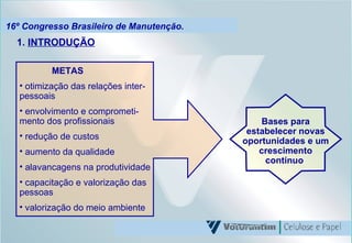 16º Congresso Brasileiro de Manutenção. 1.  INTRODUÇÃO METAS otimização das relações inter-pessoais envolvimento e comprometi-mento dos profissionais redução de custos aumento da qualidade alavancagens na produtividade capacitação e valorização das pessoas valorização do meio ambiente Bases para estabelecer novas oportunidades e um crescimento contínuo   
