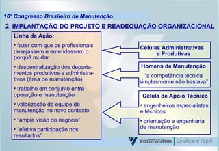 16º Congresso Brasileiro de Manutenção. 2.  IMPLANTAÇÃO DO PROJETO E READEQUAÇÃO ORGANIZACIONAL Linha de Ação: fazer com que os profissionais desejassem e entendessem o porquê mudar descentralização dos departa-mentos produtivos e administra-tivos (área de manutenção) trabalho em conjunto entre operação e manutenção valorização da equipe de manutenção no novo contexto “ ampla visão do negócio” “ efetiva participação nos resultados” Homens de Manutenção “ a competência técnica simplesmente não bastava” Célula de Apoio Técnico engenheiros especialistas e técnicos orientação e engenharia de manutenção Células Administrativas  e Produtivas 