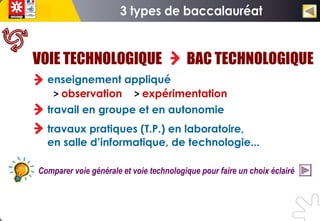 VOIE TECHNOLOGIQUE BAC TECHNOLOGIQUE
enseignement appliqué
> observation > expérimentation
travail en groupe et en autonomie
travaux pratiques (T.P.) en laboratoire,
en salle d’informatique, de technologie...
Comparer voie générale et voie technologique pour faire un choix éclairé
 