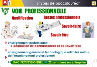 enseignement professionnel
> acquisition de connaissances et de savoir faire
enseignement général et technologique articulés autour
de l’enseignement professionnel
T.P. au lycée / mises en situation en entreprise (stages)
Qualification
Savoir-faire
BAC PROFESSIONNEL
Gestes professionnels
Savoir être
 22 semaines en entreprise
VOIE PROFESSIONNELLE
 
