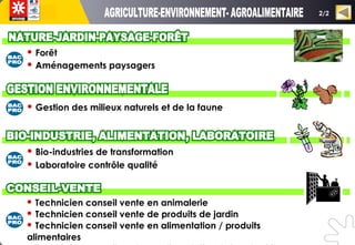  Bio-industries de transformation
 Laboratoire contrôle qualité
2/2
 Gestion des milieux naturels et de la faune
 Forêt
 Aménagements paysagers
 Technicien conseil vente en animalerie
 Technicien conseil vente de produits de jardin
 Technicien conseil vente en alimentation / produits
alimentaires
 