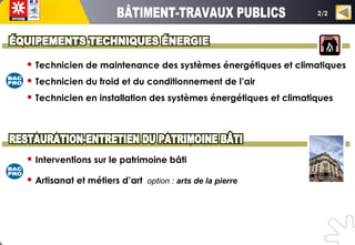  Technicien de maintenance des systèmes énergétiques et climatiques
 Technicien du froid et du conditionnement de l’air
 Technicien en installation des systèmes énergétiques et climatiques
 Interventions sur le patrimoine bâti
 Artisanat et métiers d’art option : arts de la pierre
2/2
 