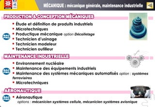  Étude et définition de produits industriels
 Microtechniques
 Productique mécanique option Décolletage
 Technicien d’usinage
 Technicien modeleur
 Technicien outilleur
 Aéronautique
options : mécanicien systèmes cellule, mécanicien systèmes avionique
 Environnement nucléaire
 Maintenance des équipements industriels
 Maintenance des systèmes mécaniques automatisés option : systèmes
ferroviaires
 Microtechniques
 