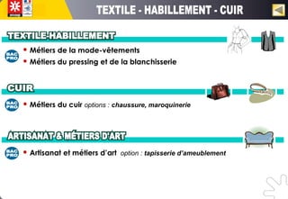  Métiers de la mode-vêtements
 Métiers du pressing et de la blanchisserie
 Métiers du cuir options : chaussure, maroquinerie
 Artisanat et métiers d’art option : tapisserie d’ameublement
 