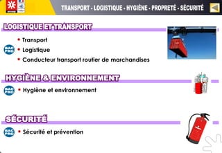  Hygiène et environnement
 Sécurité et prévention
 Transport
 Logistique
 Conducteur transport routier de marchandises
 