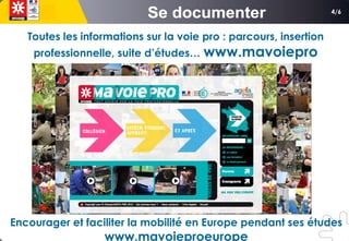 4/6
Toutes les informations sur la voie pro : parcours, insertion
professionnelle, suite d’études… www.mavoiepro
Encourager et faciliter la mobilité en Europe pendant ses études
www.mavoieproeurope
 