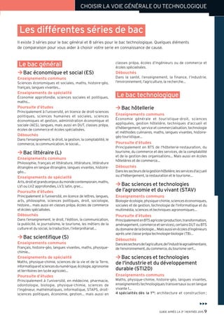 Les différentes séries de bac
Il existe 3 séries pour le bac général et 8 séries pour le bac technologique. Quelques éléments
de comparaison pour vous aider à choisir votre serie en connaissance de cause.
GUIDE APRÈS LA 3e l RENTRÉE 2015 9
Le bac général
Bac économique et social (ES)¼
Enseignements communs
Sciences économiques et sociales, maths, histoire-géo,
français, langues vivantes...
Enseignements de spécialité
Économie approfondie, sciences sociales et politiques,
maths...
Poursuite d’études
Principalement à l’université, en licence de droit-sciences
politiques, sciences humaines et sociales, sciences
économiques et gestion, administration économique et
sociale (AES), langues, mais aussi en DUT, classes prépa,
écoles de commerce et écoles spécialisées.
Débouchés
Dans l’enseignement, le droit, la gestion, la comptabilité, le
commerce, la communication, le social...
Bac littéraire (L)¼
Enseignements communs
Philosophie, français et littérature, littérature, littérature
étrangère en langue étrangère, langues vivantes, histoire-
géo...
Enseignements de spécialité
Arts,droitetgrandsenjeuxdumondecontemporain,maths,
LV1 ou LV2 approfondies, LV3, latin, grec…
Poursuite d’études
Principalement à l’université, en licence de lettres, langues,
arts, philosophie, sciences politiques, droit, sociologie,
histoire… mais aussi en classes prépa, écoles de commerce
etécolesspécialisées.
Débouchés
Dans l’enseignement, le droit, l’édition, la communication,
la publicité, le journalisme, le tourisme, les métiers de la
culture et du social, la traduction, l’interprétariat…
Bac scientifique (S)¼
Enseignements communs
Français, histoire-géo, langues vivantes, maths, physique-
chimie...
Enseignements de spécialité
Maths, physique-chimie, sciences de la vie et de la Terre,
informatiqueetsciencesdunumérique,écologie,agronomie
et territoires (en lycée agricole)...
Poursuite d’études
Principalement à l’université, en médecine, pharmacie,
odontologie, biologie, physique-chimie, sciences de
l’ingénieur, mathématiques, informatique, STAPS, droit-
sciences politiques, économie, gestion... mais aussi en
classes prépa, écoles d’ingénieurs ou de commerce et
écoles spécialisées.
Débouchés
Dans la santé, l’enseignement, la finance, l’industrie,
l’environnement, l’agriculture, la recherche…
Le bac technologique
Bac hôtellerie¼
Enseignements communs
Économie générale et touristique-droit, sciences
appliquées, gestion hôtelière, techniques d’accueil et
d’hébergement, service et commercialisation, technologie
et méthodes culinaires, maths, langues vivantes, histoire-
géo touristique…
Poursuite d’études
Principalement en BTS de l'hôtellerie-restauration, du
tourisme, du commerce et des services, de la comptabilité
et de la gestion des organisations… Mais aussi en écoles
hôtelières et de commerce…
Débouchés
Danslessecteursdelagestionhôtelière,lesservicesd’accueil
ou d’hébergement, la restauration et le tourisme…
Bac sciences et technologies¼
de l’agronomie et du vivant (STAV)
Enseignements communs
Biologie-écologie,physique-chimie,scienceséconomiques,
sociales et de gestion, technologie de l'informatique et du
multimédia, sciences et techniques agronomiques…
Poursuite d’études
PrincipalementenBTSagricole(production,transformation,
aménagement,commerceetservices),certainsDUTouBTS
dudomainedelabiologie…Maisaussienécolesd’ingénieurs
après une classe prépa technologie-biologie (TB)…
Débouchés
Danslessecteursdel’agriculture,del’industrieagroalimentaire,
del’environnement,ducommerce,dutourismevert…
Bac sciences et technologies¼
de l'industrie et du développement
durable (STI2D)
Enseignements communs
Maths, physique-chimie, histoire-géo, langues vivantes,
enseignements technologiques transversaux ou en langue
vivante 1...
4 spécialités dès la 1re: architecture et construction ;
CHOISIR LA VOIE GÉNÉRALE OU TECHNOLOGIQUE
 