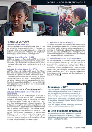 GUIDE APRÈS LA 3e l RENTRÉE 2015 15
Après¼ un CAP/CAPA
Le brevet professionnel (BP)
Le BP se prépare en 2 ans, en apprentissage.Il met l’accent
sur la maîtrise d’un métier (plombier, préparateur en
pharmacie, libraire, éleveur, paysagiste…) et est exigé dans
certaines professions pour s’installer à son compte. Par
exemple, pour devenir fleuriste, coiffeur, pâtissier…
Le brevet des métiers d'art (BMA)
Le BMA se prépare en 2 ans après un CAP des métiers
d’art.Ilformedesspécialistesenconception,miseaupoint,
fabrication, réparation d’objets (en joaillerie, reliure, verre,
céramique, ébénisterie…) fabriqués en petites séries ou à
l’unité.
Le brevet technique des métiers (BTM)
LeBTMseprépareen2 ans.Ilpermetdedevenirchefd’atelier
dans une entreprise artisanale, ou chef de fabrication dans
les services de la production et de la commercialisation.
Domaines professionnels concernés : métiers de bouche
(chocolatier, glacier, pâtissier…), énergie-électricité,
mécanique, bois-ameublement, photographie, agriculture,
fleuristerie, paramédical… Le BTM n'est pas un diplôme de
l'Éducation nationale. Il est délivré par les chambres de
métiers et de l’artisanat.
Après¼ un bac pro/bac pro agricole
Le brevet de technicien supérieur/agricole
(BTS/BTSA)
Préparé par 27,5 % des bacheliers pro, le BTS/BTSA
constitue une voie de réussite dans l’enseignement
supérieur… à condition d’avoir un bon dossier scolaire et
une forte motivation. Grâce à une formation (en 2 ans,
sous statut scolaire ou en apprentissage) tournée vers la
pratique, avec un rythme de travail soutenu et un bon sens
del’organisation, leBTSpermetd'acquérirdescompétences
dans un domaine pointu (transport, électronique, édition,
design...). L’obtention de la mention « bien » ou « très
bien » à l'examen du bac assure l'entrée de droit dans un
BTS du même domaine que le bac pro. Renseignez-vous
surlesdifférentesformesd’accompagnementpédagogique
spécifique qui sont proposées, dans les établissements
scolaires, aux bacheliers pro (voir aussi page 19).
Le diplôme des métiers d'art (DMA)
Accessibleaprèsunbacproartisanatetmétiersd'artouun
brevetdetechnicienartsappliqués,ilformedesréalisateurs-
concepteurs ou des artisans créateurs spécialisés en arts
du bijou, de l'habitat, des arts graphiques, du cirque, du
costume, du décor architectural, de l'horlogerie, de la
lutherie, de la régie de spectacle et du cinéma.Il se prépare
en 2 ans, en lycée ou par l'apprentissage.
Le diplôme universitaire de technologie (DUT)
Le DUT se prépare en 2 ans en institut universitaire
de technologie (IUT) au sein des universités. Il vise la
polyvalencedansundomaineprofessionnelassezlargepour
s'adapteràunefamilled'emplois.Cettefilièred’étudesn’est
pas adaptée au profil des bacheliers pro, car elle privilégie
la théorie à la pratique et sélectionne les étudiants sur les
matières générales. Seuls 3 % des bacheliers pro y tentent
leur chance… avec de nombreux abandons avant même la
fin de la 1re année…
Qu’est devenu le BEP ?
Depuis 2009, le brevet d’études professionnelles (BEP) est devenu
une certification intermédiaire du cursus bac pro en 3 ans. C’est-
à-dire que sa préparation est intégrée dans la formation du bac
pro. Sa présentation est obligatoire pour les scolaires, facultative
pour les apprentis. Les épreuves sont majoritairement évaluées en
contrôle en cours de formation (CCF). En cas d’échec, il est possible
de se représenter à l'examen en conservant le bénéfice de ses notes
(= ou  à 10/20) pendant 5 ans.
Le BEP reste un diplôme national de niveau V inscrit au Répertoire
national des certifications professionnelles (RNCP).
Le brevet professionnel agricole (BPA)
Il est possible de préparer un BPA, diplôme national du ministère
de l'Agriculture, en apprentissage, en 2ans après la 3e.Ilatteste
une qualification professionnelle d'ouvrier qualifié dans le domaine
agricole. Il existe 9spécialités de BPA.
INFO +
©DidierGauducheau/Onisep
CHOISIR LA VOIE PROFESSIONNELLE
 