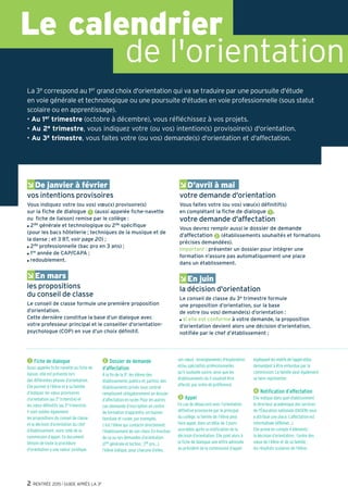 2 RENTRÉE 2015 l GUIDE APRÈS LA 3e
1 Fiche de dialogue
Aussi appelée fiche-navette ou fiche de
liaison, elle est présente lors
des différentes phases d’orientation.
Elle permet à l’élève et à sa famille
d’indiquer les vœux provisoires
d’orientation (au 2e trimestre) et
les vœux définitifs (au 3e trimestre).
Y sont notées également
les propositions du conseil de classe
et la décision d’orientation du chef
d’établissement, voire celle de la
commission d’appel. Ce document,
témoin de toute la procédure
d'orientation a une valeur juridique.
2 Dossier de demande
d’affectation
À la fin de la 3e, les élèves des
établissements publics et, parfois, des
établissements privés sous contrat
remplissent obligatoirement un dossier
d’affectation en lycée. Pour les autres
cas (demande d’inscription en centre
de formation d’apprentis, en maison
familiale et rurale, par exemple),
c’est l’élève qui contacte directement
l’établissement de son choix. En fonction
de sa ou ses demandes d’orientation
(2de générale et techno ; 2de pro…),
l’élève indique, pour chacune d’elles,
ses vœux : enseignements d'exploration
et/ou spécialités professionnelles
qu’il souhaite suivre, ainsi que les
établissements où il voudrait être
affecté, par ordre de préférence.
3 Appel
En cas de désaccord avec l’orientation
définitive prononcée par le principal
du collège, la famille de l’élève peut
faire appel, dans un délai de 3 jours
ouvrables après la notification de la
décision d’orientation. Elle joint alors à
la fiche de dialogue une lettre adressée
au président de la commission d’appel
expliquantlesmotifsdel’appelet/ou
demandant à être entendue par la
commission. La famille peut également
se faire représenter.
4 Notification d’affectation
Elle indique dans quel établissement
le directeur académique des services
de l'Éducation nationale (DASEN) vous
a attribué une place. L’affectation est
informatisée (Affelnet…).
Elle prend en compte 4 éléments :
la décision d’orientation ; l’ordre des
vœux de l’élève et de sa famille ;
les résultats scolaires de l’élève ;
ÂDe janvier à février
vos intentions provisoires
Vous indiquez votre (ou vos) vœu(x) provisoire(s)
sur la fiche de dialogue 1 (aussi appelée fiche-navette
ou fiche de liaison) remise par le collège :
O 2de générale et technologique ou 2de spécifique
(pour les bacs hôtellerie ; techniques de la musique et de
la danse ; et 3 BT, voir page 20) ;
O 2de professionnelle (bac pro en 3 ans) ;
O 1re année de CAP/CAPA ;
O redoublement.
ÂEn mars
les propositions
du conseil de classe
Le conseil de classe formule une première proposition
d’orientation.
Cette dernière constitue la base d’un dialogue avec
votre professeur principal et le conseiller d’orientation-
psychologue (COP) en vue d’un choix définitif.
ÂD’avril à mai
votre demande d'orientation
Vous faites votre (ou vos) vœu(x) définitif(s)
en complétant la fiche de dialogue 1 .
votre demande d'affectation
Vous devrez remplir aussi le dossier de demande
d’affectation 2 (établissements souhaités et formations
précises demandées).
Important : présenter un dossier pour intégrer une
formation n’assure pas automatiquement une place
dans un établissement.
ÂEn juin
la décision d'orientation
Le conseil de classe du 3e trimestre formule
une proposition d’orientation, sur la base
de votre (ou vos) demande(s) d’orientation :
O si elle est conforme à votre demande, la proposition
d’orientation devient alors une décision d’orientation,
notifiée par le chef d’établissement ;
de l'orientation
Le calendrier
La 3e correspond au 1er grand choix d'orientation qui va se traduire par une poursuite d'étude
en voie générale et technologique ou une poursuite d'études en voie professionnelle (sous statut
scolaire ou en apprentissage).
›Au 1er trimestre (octobre à décembre), vous réfléchissez à vos projets.
›Au 2e trimestre, vous indiquez votre (ou vos) intention(s) provisoire(s) d'orientation.
›Au 3e trimestre, vous faites votre (ou vos) demande(s) d'orientation et d'affectation.
 