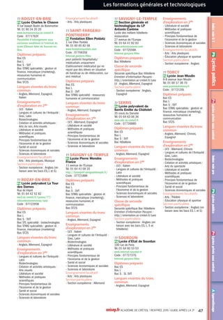 GUIDE APRÈS LA 3e l RENTRÉE 2015 23
Mon enfant est reconnu handicapé.
Quels sont ses droits ?
La loi du 11/02/2005 a renforcé le droit de l'enfant
à la scolarisation en milieu ordinaire en bénéficiant
d'aides adaptées. Le projet personnalisé de
scolarisation (PPS), arrêté par la commission
des droits et de l'autonomie des personnes
handicapées (CDAPH) qui siège au sein de la maison
départementale des personnes handicapées (MDPH)
et avec l'accord de la famille, définit ces aides. Il
intègre le projet d'orientation de l'élève, ainsi que
les aménagements nécessaires à la compensation
de son handicap.
Enfin, la récente loi de refondation de l'école
réaffirme que c'est à l'école de s'adapter à la
diversité des élèves et non le contraire.
Qu'est-ce qu'une unité localisée
pour l'inclusion scolaire (Ulis) ?
Les Ulis sont des dispositifs au sein des collèges
et des lycées généraux et technologiques,
et professionnels, qui accueillent des élèves
en situation de handicap (troubles visuels,
auditifs, moteurs, cognitifs, mentaux ou troubles
envahissants du développement
ou troubles multiples associés).
Pour savoir s'il existe une Ulis près de chez vous,
consultez :
www.onisep.fr/handicap recherche thématique
« une structure handicap »
Rencontrant des difficultés médicales importantes, comment savoir si
les études que j’envisage sont compatibles avec mon état de santé ?
Il est en effet important de prendre en compte votre état de santé ou votre handicap dans vos souhaits
d’orientation après la classe de 3e, afin de construire un projet professionnel que vous pourrez mener
jusqu’au bout. Pour cela, profitez du stage en entreprise lors de votre année de 3e pour observer les
conditions de travail, poser des questions aux salariés. Demandez l’avis du médecin de l’Éducation nationale
et de votre médecin spécialiste pour connaître les éventuelles incompatibilités. N’hésitez pas à rencontrer
le conseiller d’orientation-psychologue, l’enseignant référent, l'équipe éducative et l'équipe de soins pour
envisager plusieurs solutions de poursuites d’études et de métiers.
Mon enfant est scolarisé en 3e, en
Ulis, pour troubles des fonctions
cognitives ou mentales. Quelles
poursuites d'études envisager
ensuite ?
Après avoir pris l'avis de ses professeurs, selon ses
goûts, ses intérêts et ses capacités d'autonomie,
l'enseignant référent pourra proposer plusieurs
possibilités à votre enfant. Par exemple :
- entrer dans un dispositif Ulis en lycée ;
- entrer en lycée professionnel dans une classe de
préparation au CAP ;
- suivre une formation en alternance dans un centre
de formation d'apprentis (CFA), éventuellement
adapté aux personnes handicapées ;
- poursuivre une formation professionnelle au sein
d'un institut médico-éducatif (IME) ou d'un institut
médico-professionnel (IMPRO).
Ces différentes propositions seront discutées
lors d'une réunion de l'équipe de suivi de
la scolarisation puis soumises à la maison
départementale des personnes handicapées
(MDPH).
Au lycée, de quelles aides peut
bénéficier mon enfant ?
Votre enfant peut bénéficier d'aides techniques
(utilisation de matériel adapté), humaines (auxiliaire
de vie scolaire), financières et d'aménagements des
études et des examens. Dans ce dernier cas,
il pourra bénéficier, par exemple, d'une majoration
du temps de composition, avec un temps de repos
suffisant entre les épreuves.
 