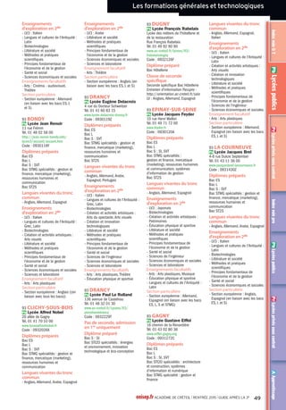 Les formations
de l’académie de Créteil
2015-2016
Nous remercions les
chefs d’établissement,
leurs collaborateurs et
les différents services
du rectorat pour leur
concours à l’élaboration
de ce document.
Avertissement
Les informations contenues dans ce répertoire sont établies à la date du 10 février 2015.
Les changements qui pourraient intervenir feront l’objet d’une mise à jour au cours
du troisième trimestre qui pourra être consultée sur : www.onisep.fr/Ile-de-France.
Vous pouvez également consulter les sites des lycées.
Déroulement de l’affectation p . 26
Districts et communes de Seine-et-Marne (77) p . 27
Districts et communes de Seine-Saint-Denis (93)
et du Val-de-Marne (94)
p . 28
Les formations générales
et technologiques
p. 29
Index p. 29
Les lycées publics p. 41
Les lycées privés sous contrat p. 58
Les formations professionnelles p. 63
Index p. 63
Les lycées publics p. 75
Les lycées privés sous contrat p. 86
Apprentissage p. 89
Informations complémentaires p. 95
Adresses utiles p. 95
Centres d’information et d’orientation (CIO) p. 96
25onisep.fr ACADÉMIE DE CRÉTEIL l RENTRÉE 2015 l GUIDE APRÈS LA 3e
!!
Sigles et
abréviations
Etablissements
LP Lycéeprofessionnel
CFA Centredeformationd’apprentis
CCI Chambredecommerceetd’industrie
CRR Conservatoireàrayonnementrégional
Pb Public
Pr Privésouscontrat
A Apprentissage
Diplômes des voies générale
et technologique
BacES Économiqueetsocial
BacL Littéraire
BacS Scientifique
-EAT Écologie,agronomieetterritoires
-SI Sciencesdel’ingénieur
-SVT SciencesdelavieetdelaTerre
BacSTAV Sciencesettechnologiesdel’agronomie
etduvivant
BacSTD2A Sciencesettechnologiesdudesignetdes
artsappliqués
BacST2S Sciencesettechnologiesdelasantéetdu
social
BacSTI2D Sciencesettechnologiesdel’industrieet
dudéveloppementdurable
BacSTL Sciencesettechnologiesdelaboratoire
BacSTMG Sciencesettechnologiesdumanagement
etdelagestion
BacTMD Techniquesdelamusiqueetdeladanse
BT Brevetdetechnicien
Diplômes de la voie professionnelle
Bacpro Baccalauréatprofessionnel
BPA Brevetprofessionnelagricole
CAP/CAPA Certificatd’aptitudeprofessionnelle/
agricole
Autres sigles
LV3 Languevivante3
ULIS Unitélocaliséepourl'inclusionscolaire
UPE2A Unitépédagogique pourélèves
allophonesarrivants(ex-classe
d’accueilpournon-francophones)
 