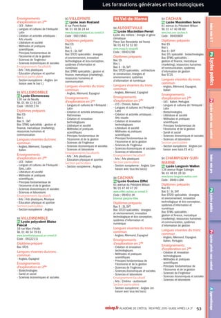 Les formations générales et technologiques
AApprentissagePrLycéesprivéssouscontratPbLycéespublicsIndexvoieproPrLycéesprivéssouscontratPbLycéespublicsIndexvoieGT
Les formations générales
et technologiques
Index
Pb Lycée public
Pr Lycée privé sous contrat
Pb 77 Meaux Lycée Pierre de
Coubertin
Pb 77 Melun Lycée polyvalent
Léonard deVinci
Pr 77 Melun Lycée Saint-Aspais
Pb 77 Mitry-Mory Lycée polyvalent
Honoré de Balzac
Pb 77 Montereau-Fault-Yonne Lycée
André Malraux
Pr 77 Ozoir-la-Ferrière Lycée privé
european campus Sainte-Thérèse
Pb 77 Roissy-en-Brie Lycée Charles
le Chauve
Pb 77 Savigny-le-Temple Lycée Pierre
Mendès France
Pb 77 Serris Lycée polyvalent de
Serris Emilie du Châtelet
Pb 93Aubervilliers Lycée général et
technologique HenriWallon
Pr 93Aulnay-sous-Bois Lycée
l'Espérance
Pr 93 Bobigny Lycée Charles Péguy
Pb 93 Bobigny Lycée Louise Michel
Pb 93 Bondy Lycée Jean Renoir
Pb 93 Drancy Lycée Eugène Delacroix
Pb 93 Gagny Lycée Gustave Eiffel
Pb 93 La Courneuve Lycée Jacques
Brel
Pb 93 Noisy-le-Grand Lycée Flora
Tristan
Pb 93 Noisy-le-Sec Lycée Olympe de
Gouges
Pb 93 Rosny-sous-Bois Lycée Charles
de Gaulle
Pb 93 Saint-Ouen LycéeAuguste
Blanqui
Pb 94Alfortville Lycée Maximilien
Perret
Pb 94 Chennevières-sur-Marne
Lycée Champlain
Pb 94 Créteil Lycée Saint-Exupéry
Pr 94 Sucy-en-Brie Lycée du petitVal
Pb 94Villeneuve-Saint-Georges
Lycée FrançoisArago
Pr 94Vitry-sur-Seine Lycée Epin
Créole
Pb 94 Créteil Lycée Léon Blum
Espagnol
Pb 77 Cesson Lycée Sonia Delaunay
Pb 77 Fontainebleau Lycée François
Couperin
Pb 77 Melun Lycée JacquesAmyot
Pb 77 Mitry-Mory Lycée polyvalent
Honoré de Balzac
Pr 77 Provins Lycée Sainte-Croix
Pb 77 Provins LycéeThibaut de
Champagne
Pb 77 Saint-Fargeau-Ponthierry
Fondation Ellen Poidatz
Pb 93 Noisy-le-Grand Lycée Flora
Tristan
Pr 94 Charenton-le-Pont Lycée
Notre-Dame des Missions St Pierre
Pb 94 Fresnes Lycée Fréderic Mistral
Pb 94 Nogent-sur-Marne Lycée
Edouard Branly
Pb 94Thiais Lycée Guillaume
Apollinaire
Hébreu moderne
Pr 93Aubervilliers Lycée Chne Ohr
Pb 93 Pantin Lycée Marcelin Berthelot
Pb 94 Créteil Lycée Saint-Exupéry
Italien
Pb 77Avon Lycée Uruguay France
Pb 77 Bussy-Saint-Georges Lycée
Martin Luther King
Pb 77 Champs-sur-Marne Lycée
René Descartes
Pr 77 Chelles Lycée Guy Gasnier
Sainte Bathilde
Pb 77 Chelles Lycée Jehan de Chelles
Pb 77 Dammarie-les-Lys Lycée
polyvalent Frédéric Joliot-Curie
Pb 77 Lognes Lycée Emily Brontë
Pr 77 Meaux Lycée général privé
Bossuet
Pb 77 Meaux Lycée JeanVilar
LV3
Allemand
Pb 77 Brie-Comte-Robert Lycée
polyvalent Blaise Pascal
Pb 77 Fontainebleau Lycée François 1er
Pb 77 Longperrier Lycée polyvalent
Charles de Gaulle
Pb 77 Melun Lycée JacquesAmyot
Pb 77 Nangis Lycée Becquerel
Pb 77 Provins LycéeThibaut de
Champagne
Pb 77 Saint-Fargeau-Ponthierry
Fondation Ellen Poidatz
Pb 77Torcy Lycée Jean Moulin
Arabe
Pb 93 Clichy-sous-Bois LycéeAlfred
Nobel
Pb 93 Pantin Lycée Marcelin Berthelot
Pb 94 Créteil Lycée Saint-Exupéry
Chinois
Pb 77 Fontainebleau Lycée François
Couperin
Pb 77 La Ferté-sous-Jouarre Lycée
Samuel Beckett
Pb 77 Le Mée-sur-Seine Lycée
George Sand
Pb 77Torcy Lycée Jean Moulin
Pr 93 Bobigny Lycée Charles Péguy
Cet index liste les enseignements de seconde, les diplômes (bacs généraux, technologiques, bacs internationaux etc...)
et les sections particulières (sections internationales, européennes…).
Les établissements qui proposent ces enseignements sont classés par numéro de département, ville et nom
d’établissement.
Des abréviations indiquent si ces établissements sont publics Pb ou privés sous contrat Pr.
Pour certaines formations dites inter-académiques, vous pouvez demander votre inscription dans un lycée public de
l’académie de Paris ou de Versailles. Vous en trouverez la liste dans notre dossier en ligne sur : www.onisep.fr/ile-de-france .
Les enseignements de seconde
Vous trouverez ci-dessous la liste des enseignements d’exploration proposés en classe de 2de générale et technologique,
les langues vivantes du tronc commun et les 2des spécifiques.
Les enseignements d’exploration en classe de 2de
onisep.fr ACADÉMIE DE CRÉTEIL l RENTRÉE 2015 l GUIDE APRÈS LA 3e
29
 