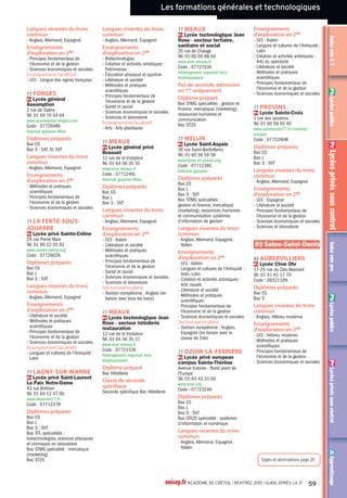 Les formations générales et technologiques
AApprentissagePrLycéesprivéssouscontratPbLycéespublicsIndexvoieproPrLycéesprivéssouscontratIndexvoieGTPbLycéespublics
Pb Lycée public
Pr Lycée privé sous contrat
Pb 94 Créteil Lycée Edouard Branly
Pr 94 Créteil Lycée général et
technologique de l'ensemble
Sainte-Marie
Pb 94 Créteil Lycée Gutenberg
Pb 94 Créteil Lycée Léon Blum
Pr 94 Créteil Lycée Ozar Hatorah
Filles
Pr 94 Créteil Lycée Ozar Hatorah
Garçons
Pb 94 Créteil Lycée Saint-Exupéry
Pb 94 Fontenay-sous-Bois Lycée
Pablo Picasso
Pb 94 Fresnes Lycée Fréderic Mistral
Pb 94 Ivry-sur-Seine Lycée Fernand
Léger
Pb 94 Ivry-sur-Seine Lycée Jean Macé
Pb 94 Ivry-sur-Seine Lycée Romain-
Rolland
Pb 94 LaVarenne-Saint-Hilaire Lycée
Condorcet
Pb 94 Le Kremlin-Bicêtre Lycée
Darius Milhaud
Pb 94 Le Perreux-sur-Marne Lycée
Paul Doumer
Pb 94 Limeil-Brevannes Lycée
Guillaume Budé
Pb 94 Maisons-Alfort Lycée Eugène
Delacroix
Pr 94 Nogent-sur-Marne LycéeAlbert
de Mun
Pb 94 Nogent-sur-Marne Lycée
Edouard Branly
Pb 94 Nogent-sur-Marne Lycée Louis
Armand
Pr 94 Nogent-sur-Marne Lycée
Montalembert
Pr 94 Saint-Mandé Lycée Saint-
Michel de Picpus
Pb 94 Saint-Maur-des-Fossés Lycée
d'Arsonval
Pb 94 Saint-Maur-des-Fossés Lycée
François Mansart
Pb 94 Saint-Maur-des-Fossés Lycée
Marcelin Berthelot
Pr 94 Saint-Maur-des-Fossés Lycée
Teilhard de Chardin
Pb 94 Sucy-en-Brie Lycée Christophe
Colomb
Pr 94 Sucy-en-Brie Lycée du petitVal
Pb 94Thiais Lycée Guillaume
Apollinaire
Pb 94Villeneuve-le-Roi Lycée
Georges Brassens
Pb 94Villeneuve-Saint-Georges
Lycée FrançoisArago
Pr 94Vincennes Lycée Claude
Nicolas Ledoux - EBTP
Pr 94Vincennes Lycée Gregor Mendel
Pb 94Vincennes Lycée Hector Berlioz
Pr 94Vincennes Lycée Notre-Dame
de la Providence
Pr 94Vitry-sur-Seine Lycée Epin
Pb 94Vitry-sur-Seine Lycée Jean
Macé
Pb 94Vitry-sur-Seine Lycée
polyvalentAdolphe Chérioux
Pr 94 Nogent-sur-Marne Lycée
Montalembert
Pb 94 Saint-Maur-des-Fossés Lycée
Marcelin Berthelot
Espagnol
Pb 77Avon Lycée Uruguay France
Pb 77 Brie-Comte-Robert Lycée
Bougainville agriculture et paysage
Pb 77 Brie-Comte-Robert Lycée
polyvalent Blaise Pascal
Pb 77 Bussy-Saint-Georges Lycée
Martin Luther King
Pr 77 Bussy-Saint-Georges Lycée
polyvalent Maurice Rondeau
Pb 77 Cesson Lycée Sonia Delaunay
Pb 77 Chailly-en-Brie Lycée
d'enseignement général,
technologique et professionnel
agricole La Bretonnière
Pb 77 Champagne-sur-Seine Lycée
polyvalent La Fayette
Pb 77 Champs-sur-Marne Lycée
René Descartes
Pb 77 Chelles Lycée Gaston
Bachelard
Pr 77 Chelles Lycée Guy Gasnier
Sainte Bathilde
Pb 77 Chelles Lycée Jehan de Chelles
Pb 77 Combs-la-Ville Lycée Galilée
Pb 77 Congis-sur-Thérouanne Lycée
Le Gué àTresmes
Pb 77 Coulommiers Lycée Jules Ferry
Pb 77 Dammarie-les-Lys Lycée
polyvalent Frédéric Joliot-Curie
Pb 77 Dammartin-en-Goële Lycée
polyvalent de Dammartin-en-Goële
Pb 77 Fontainebleau Lycée François
Couperin
Pb 77 Fontainebleau Lycée François 1er
Pr 77 Fontainebleau Lycée Jeanne
d'Arc - Saint-Aspais
Pr 77 Fontainebleau Lycée polyvalent
privé Blanche de Castille
Pr 77 Forges Lycée général
Assomption
Pr 77 La Ferté-sous-Jouarre Lycée
privé Sainte-Céline
Pb 77 La Ferté-sous-Jouarre Lycée
Samuel Beckett
Pb 77 La Rochette Section générale
et technologique du lycée
professionnel Benjamin Franklin
Pr 77 Lagny-sur-Marne Lycée privé
Saint-Laurent La Paix Notre-Dame
Pb 77 Lagny-sur-Marne LycéeVan
Dongen
Pb 77 Le Mée-sur-Seine Lycée
George Sand
Pb 77 Lognes Lycée Emily Brontë
Pb 77 Longperrier Lycée polyvalent
Charles de Gaulle
Pr 77 Meaux Lycée général privé
Bossuet
Pb 77 Meaux Lycée Henri Moissan
Pb 77 Meaux Lycée JeanVilar
Pb 77 Meaux Lycée Pierre de
Coubertin
Pb 77 Melun Lycée JacquesAmyot
Pb 77 Melun Lycée polyvalent
Léonard deVinci
Pr 77 Melun Lycée Saint-Aspais
Pb 77 Mitry-Mory Lycée polyvalent
Honoré de Balzac
Pb 77 Moissy-Cramayel Lycée
polyvalent de la Mare Carrée
Pb 77 Montereau-Fault-Yonne Lycée
André Malraux
Pb 77 Nangis Lycée Becquerel
Pb 77 Nemours Lycée Etienne Bezout
Pb 77 Neufmoutiers-en-Brie Centre
médical et pédagogique pour
adolescents de Neufmoutiers
Pb 77 Noisiel Lycée polyvalent Gérard
de Nerval
Pb 77 Noisiel Lycée polyvalent René
Cassin
Pr 77 Ozoir-la-Ferrière Lycée privé
european campus Sainte-Thérèse
Pb 77 Ozoir-la-Ferrière Section
générale et technologique du lycée
professionnel LinoVentura
Pb 77 Pontault-Combault Lycée
Camille Claudel
Pb 77 Provins Lycée polyvalent les
Pannevelles
Pr 77 Provins Lycée Sainte-Croix
Pb 77 Provins LycéeThibaut de
Champagne
Pb 77 Roissy-en-Brie Lycée Charles
le Chauve
Pb 77 Rozay-en-Brie Lycée polyvalent
LaTour des Dames
Pb 77 Saint-Fargeau-Ponthierry
Fondation Ellen Poidatz
Pb 77 Savigny-le-Temple Lycée Pierre
Mendès France
Pb 77 Serris Lycée polyvalent de
Serris Emilie du Châtelet
Pb 77 Sourdun Lycée d'Etat de
Sourdun
Pb 77Torcy Lycée Jean Moulin
Pb 77Tournan-en-Brie Lycée
polyvalent ClémentAder
Pb 77Vaux-le-Pénil Lycée polyvalent
Simone Signoret
Pb 93Aubervilliers Lycée général et
technologique HenriWallon
Pb 93Aubervilliers Lycée Le
Corbusier
Pb 93Aulnay-sous-Bois Lycée général
et technologique Jean Zay
Pr 93Aulnay-sous-Bois Lycée
l'Espérance
Pr 93Aulnay-sous-Bois Lycée
Protectorat Saint-Joseph
Pb 93Aulnay-sous-Bois Lycée
Voillaume
Pb 93 Bagnolet Lycée Eugène Hénaff
Pr 93 Bagnolet Section générale
et technologique de l'ensemble
scolaire du LP Saint-Benoît de
l'Europe
Pr 93 Bobigny Lycée Charles Péguy
Pb 93 Bobigny Lycée Louise Michel
Pb 93 Bondy Lycée Jean Renoir
Pr 93 Bondy Lycée polyvalent privé
Assomption
Pb 93 Clichy-sous-Bois LycéeAlfred
Nobel
Pb 93 Drancy Lycée Eugène Delacroix
Pb 93 Epinay-sur-Seine Lycée
Jacques Feyder
Pb 93 Gagny Lycée Gustave Eiffel
Pb 93 La Courneuve Lycée Jacques
Brel
Pb 93 Le Blanc-Mesnil Lycée Jean
Moulin
Pb 93 Le Blanc-Mesnil Lycée
WolfgangAmadeus Mozart
Pb 93 Le Bourget Lycée du Bourget
Pb 93 Le Raincy LycéeAlbert
Schweitzer
Pb 93 Le Raincy Lycée René Cassin
Pr 93 Le Raincy Lycée Saint-Louis
Sainte-Clothilde
Pb 93 Les Lilas Lycée Paul Robert
Pr 93 Les Pavillons-sous-Bois Lycée
Alliance
Pb 93 Livry-Gargan LycéeAndré
Boulloche
Pb 93 Livry-Gargan Lycée Henri Sellier
Pr 93 Montreuil Lycée Claude Nicolas
Ledoux - EBTP
Pb 93 Montreuil Lycée Condorcet
Pb 93 Montreuil Lycée Eugénie
Cotton
Pr 93 Montreuil Lycée Gregor Mendel
Pr 93 Montreuil Lycée Henri Matisse
Pb 93 Montreuil Lycée Jean Jaurès
Pr 93 Montreuil Lycée technique ORT
Daniel Mayer
Pb 93 Neuilly-sur-Marne Lycée
polyvalent Nicolas Joseph Cugnot
Pb 93 Noisy-le-Grand Lycée Flora
Tristan
Pr 93 Noisy-le-Grand Lycée Françoise
Cabrini
Pb 93 Noisy-le-Grand Lycée
polyvalent Evariste Galois
Pb 93 Noisy-le-Sec Lycée Olympe de
Gouges
Pb 93 Pantin Lycée LucieAubrac
Pb 93 Pantin Lycée Marcelin Berthelot
Pr 93 Pantin Lycée Ohr Sarah
Pb 93 Romainville Lycée polyvalent
Liberté
Pb 93 Rosny-sous-Bois Lycée Charles
de Gaulle
Pr 93 Saint-Denis Lycée Jean-
Baptiste de La Salle
Pb 93 Saint-Denis Lycée Paul Eluard
Pb 93 Saint-Denis Lycée Suger
Pb 93 Saint-Denis Maison
d'éducation de la Légion d'Honneur
Pb 93 Saint-Ouen LycéeAuguste
Blanqui
Pb 93 Saint-Ouen Lycée Marcel
Cachin
Pb 93 Sevran Lycée polyvalent Blaise
Cendrars
Pb 93 Stains Lycée Maurice Utrillo
Pb 93Tremblay-en-France Lycée
polyvalent Léonard deVinci
Pr 93Vaujours Lycée Fénelon
Pb 93Villemomble Lycée
Clemenceau
Pb 93Villemomble Lycée polyvalent
Blaise Pascal
Pr 93Villemomble Lycée Saint-Louis
Blanche de Castille
Pb 93Villepinte Lycée Jean Rostand
Pb 94Alfortville Lycée Maximilien
Perret
Pr 94 Boissy-Saint-Léger Cours
Bernard Palissy
Pb 94 Cachan Lycée Gustave Eiffel
Pb 94 Cachan Lycée Maximilien Sorre
Pb 94 Champigny-sur-Marne Lycée
LangevinWallon
Pb 94 Champigny-sur-Marne Lycée
Louise Michel
Pb 94 Champigny-sur-Marne Lycée
Marx Dormoy
Pr 94 Charenton-le-Pont Lycée
Notre-Dame des Missions St Pierre
Pb 94 Charenton-le-Pont Lycée
polyvalent Robert Schuman
Pb 94 Chennevières-sur-Marne
Lycée Champlain
Pb 94 Chevilly-Larue Lycée Pauline
Roland
Pr 94 Choisy-le-Roi Lycée Saint-
André
onisep.fr ACADÉMIE DE CRÉTEIL l RENTRÉE 2015 l GUIDE APRÈS LA 3e
35
 