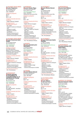 Hébreu moderne
Pr 93Aubervilliers Lycée Chne Ohr
Pr 93 Le Raincy Lycée Merkaz
Hatorah Filles
Pr 93 Les Pavillons-sous-Bois Lycée
Alliance
Pr 93 Montreuil Lycée technique ORT
Daniel Mayer
Pr 93 Pantin Lycée Ohr Sarah
Pr 94 Créteil Lycée Ozar Hatorah
Filles
Pr 94 Créteil Lycée Ozar Hatorah
Garçons
Pb 94 Créteil Lycée Saint-Exupéry
Italien
Pb 77Avon Lycée Uruguay France
Pb 77 Champagne-sur-Seine Lycée
polyvalent La Fayette
Pb 77 Dammarie-les-Lys Lycée
polyvalent Frédéric Joliot-Curie
Pb 77 Fontainebleau Lycée François
Couperin
Pr 77 Melun Lycée Saint-Aspais
Pb 77 Mitry-Mory Lycée polyvalent
Honoré de Balzac
Pr 77 Ozoir-la-Ferrière Lycée privé
european campus Sainte-Thérèse
Pb 77 Roissy-en-Brie Lycée Charles
le Chauve
Pb 93Aubervilliers Lycée général et
technologique HenriWallon
Pb 93 Bobigny Lycée Louise Michel
Pb 93 Gagny Lycée Gustave Eiffel
Pb 93 Le Raincy LycéeAlbert
Schweitzer
Pb 93 Livry-Gargan LycéeAndré
Boulloche
Pb 93 Montreuil Lycée Jean Jaurès
Pb 93 Noisy-le-Sec Lycée Olympe de
Gouges
Pb 93 Pantin Lycée Marcelin Berthelot
Pb 93 Saint-Denis Lycée Suger
Pb 93 Saint-Ouen LycéeAuguste
Blanqui
Pb 93 Sevran Lycée polyvalent Blaise
Cendrars
Pb 93Tremblay-en-France Lycée
polyvalent Léonard deVinci
Pr 93Vaujours Lycée Fénelon
Pb 93Villemomble Lycée
Clemenceau
Pr 93Villemomble Lycée Saint-Louis
Blanche de Castille
Pb 94 Cachan Lycée Maximilien Sorre
Pb 94 Champigny-sur-Marne Lycée
LangevinWallon
Pb 94 Champigny-sur-Marne Lycée
Louise Michel
Pb 94 Charenton-le-Pont Lycée
polyvalent Robert Schuman
Pr 94 Créteil Lycée général et
technologique de l'ensemble
Sainte-Marie
Pb 94 Créteil Lycée Saint-Exupéry
Pb 94 Fontenay-sous-Bois Lycée
Pablo Picasso
Pb 94 Ivry-sur-Seine Lycée Jean Macé
Pb 94 Ivry-sur-Seine Lycée Romain-
Rolland
Pb 94 LaVarenne-Saint-Hilaire Lycée
Condorcet
Pb 94 Limeil-Brevannes Lycée
Guillaume Budé
Pb 94 Maisons-Alfort Lycée Eugène
Delacroix
Pr 94 Nogent-sur-Marne LycéeAlbert
de Mun
Pb 94 Saint-Maur-des-Fossés Lycée
Marcelin Berthelot
Pb 94Thiais Lycée Guillaume
Apollinaire
Pb 94Villeneuve-le-Roi Lycée
Georges Brassens
Pb 94Vitry-sur-Seine Lycée Jean
Macé
Pb 94Vitry-sur-Seine Lycée
polyvalentAdolphe Chérioux
Langue des signes
française
Pb 94 Champigny-sur-Marne Lycée
Marx Dormoy
Portugais
Pb 77 Fontainebleau Lycée François 1er
Pb 77 Meaux Lycée Henri Moissan
Pb 77 Pontault-Combault Lycée
Camille Claudel
Pb 93Aulnay-sous-Bois Lycée général
et technologique Jean Zay
Pb 93 Drancy Lycée Eugène Delacroix
Pr 93 Montreuil Lycée Claude Nicolas
Ledoux - EBTP
Pb 93 Saint-Denis Lycée Paul Eluard
Pb 94 Champigny-sur-Marne Lycée
LangevinWallon
Pb 94 Champigny-sur-Marne Lycée
Louise Michel
Pb 94 Champigny-sur-Marne Lycée
Marx Dormoy
Pb 94 Créteil Lycée Saint-Exupéry
Pb 94 Ivry-sur-Seine Lycée Jean Macé
Pr 94Vincennes Lycée Claude
Nicolas Ledoux - EBTP
Pb 94Vitry-sur-Seine Lycée Jean
Macé
Russe
Pb 77 Fontainebleau Lycée François
1er
Pb 77 Meaux Lycée Henri Moissan
Pb 77 Melun Lycée JacquesAmyot
Pr 94 Nogent-sur-Marne Lycée
Montalembert
Vers le bac techno
hôtellerie
Pb 77 Congis-sur-Thérouanne Lycée
Le Gué àTresmes
Pr 77 Meaux Lycée technologique
Jean Rose - secteur hôtellerie
restauration
Pb 77 Savigny-le-Temple Section
générale et technologique du LP
Antonin Carême
Pb 77 Serris Lycée polyvalent de
Serris Emilie du Châtelet
Pb 93 Dugny Lycée François Rabelais
Pb 94 Sucy-en-Brie Lycée polyvalent
Montaleau
Vers le bac techno
musique et danse
Pb 94Thiais Lycée Guillaume
Apollinaire
Les classes de seconde spécifique
Bacs option
internationale
Pb 77 Fontainebleau Lycée François
1er
Pb 93 Noisy-le-Grand Lycée Flora
Tristan
Pb 93 Noisy-le-Grand Lycée
polyvalent Evariste Galois
Pb 94 Nogent-sur-Marne Lycée
Edouard Branly
Bacsbinationaux
Abibac
Pb 77 Combs-la-Ville Lycée Galilée
Pb 93 Le Raincy LycéeAlbert
Schweitzer
Bachibac
Pb 94 Maisons-Alfort Lycée Eugène
Delacroix
Esabac
Pb 93 Saint-Denis Lycée Suger
Bacsgénéraux
BacL,ES,Sspécialité
sciencesdelavieetdelaTerre
Préparés dans la plupart des
établissements
BacSspécialitéécologie,
agronomieetterritoires
Pb 77 Brie-Comte-Robert Lycée
Bougainville agriculture et paysage
Pr 77 Forges Lycée général
Assomption
BacSspécialitésciencesde
l’ingénieur
Pb 77 Brie-Comte-Robert Lycée
polyvalent Blaise Pascal
Pb 77 Bussy-Saint-Georges Lycée
Martin Luther King
Pb 77 Champagne-sur-Seine Lycée
polyvalent La Fayette
Pb 77 Chelles Lycée Gaston
Bachelard
Pb 77 Coulommiers Lycée Jules Ferry
Pb 77 Dammarie-les-Lys Lycée
polyvalent Frédéric Joliot-Curie
Pb 77 Fontainebleau Lycée François
1er
Pr 77 Forges Lycée général
Assomption
Pb 77 Lagny-sur-Marne LycéeVan
Dongen
Pb 77 Le Mée-sur-Seine Lycée
George Sand
Pb 77 Longperrier Lycée polyvalent
Charles de Gaulle
Pb 77 Meaux Lycée Pierre de
Coubertin
Pb 77 Melun Lycée polyvalent
Léonard deVinci
Pb 77 Moissy-Cramayel Lycée
polyvalent de la Mare Carrée
Pb 77 Montereau-Fault-Yonne Lycée
André Malraux
Pb 77 Nemours Lycée Etienne Bezout
Pb 77 Noisiel Lycée polyvalent René
Cassin
Pb 77 Pontault-Combault Lycée
Camille Claudel
Pb 77 Provins Lycée polyvalent les
Pannevelles
Pb 77 Sourdun Lycée d'Etat de
Sourdun
Pb 77Tournan-en-Brie Lycée
polyvalent ClémentAder
Pb 93Aubervilliers Lycée Le
Corbusier
Pb 93Aulnay-sous-Bois Lycée
Voillaume
Pb 93 Drancy Lycée Paul Le Rolland
Pb 93 Epinay-sur-Seine Lycée
Jacques Feyder
Pb 93 Gagny Lycée Gustave Eiffel
Pb 93 Le Blanc-Mesnil Lycée
WolfgangAmadeus Mozart
Pb 93 Montreuil Lycée Condorcet
Pr 93 Noisy-le-Grand Lycée Françoise
Cabrini
Pb 93 Noisy-le-Grand Lycée
polyvalent Evariste Galois
Pb 93 Rosny-sous-Bois Lycée Charles
de Gaulle
Pr 93 Saint-Denis Lycée Jean-
Baptiste de La Salle
Pb 93 Saint-Denis Lycée Paul Eluard
Les diplômes préparés
ACADÉMIE DE CRÉTEIL l RENTRÉE 2015 l GUIDE APRÈS LA 3e onisep.fr36
 