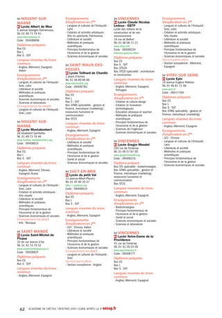 BacSTLspécialitésciences
physiquesetchimiquesen
laboratoire
Pr 77 Lagny-sur-Marne Lycée privé
Saint-Laurent La Paix Notre-Dame
Pb 77 Meaux Lycée Henri Moissan
Pb 77 Pontault-Combault Lycée
Camille Claudel
Pb 93Aubervilliers Lycée général et
technologique HenriWallon
Pb 93 Saint-Denis Lycée Paul Eluard
Pb 93 Sevran Lycée polyvalent Blaise
Cendrars
Pb 94 Saint-Maur-des-Fossés Lycée
d'Arsonval
BacSTMGspécialité
gestionetfinance
Pb 77Avon Lycée Uruguay France
Pb 77 Brie-Comte-Robert Lycée
polyvalent Blaise Pascal
Pb 77 Bussy-Saint-Georges Lycée
Martin Luther King
Pb 77 Champs-sur-Marne Lycée
René Descartes
Pb 77 Chelles Lycée Gaston
Bachelard
Pb 77 Chelles Lycée Jehan de Chelles
Pb 77 Combs-la-Ville Lycée Galilée
Pb 77 Coulommiers Lycée Jules Ferry
Pb 77 Dammarie-les-Lys Lycée
polyvalent Frédéric Joliot-Curie
Pb 77 La Ferté-sous-Jouarre Lycée
Samuel Beckett
Pb 77 Lagny-sur-Marne LycéeVan
Dongen
Pb 77 Lognes Lycée Emily Brontë
Pb 77 Longperrier Lycée polyvalent
Charles de Gaulle
Pb 77 Meaux Lycée Henri Moissan
Pb 77 Meaux Lycée JeanVilar
Pb 77 Meaux Lycée Pierre de
Coubertin
Pr 77 Meaux Lycée technologique
Jean Rose - secteur tertiaire,
sanitaire et social
Pb 77 Melun Lycée JacquesAmyot
Pb 77 Melun Lycée polyvalent
Léonard deVinci
Pr 77 Melun Lycée Saint-Aspais
Pb 77 Mitry-Mory Lycée polyvalent
Honoré de Balzac
Pb 77 Montereau-Fault-Yonne Lycée
polyvalent FloraTristan
Pb 77 Nangis Lycée Becquerel
Pb 77 Nemours Lycée Etienne Bezout
Pb 77 Noisiel Lycée polyvalent Gérard
de Nerval
Pb 77 Pontault-Combault Lycée
Camille Claudel
Pb 77 Provins LycéeThibaut de
Champagne
Pb 77 Roissy-en-Brie Lycée Charles
le Chauve
Pb 77 Rozay-en-Brie Lycée polyvalent
LaTour des Dames
Pb 77 Savigny-le-Temple Lycée Pierre
Mendès France
Pb 77Torcy Lycée Jean Moulin
Pb 77Vaux-le-Pénil Lycée polyvalent
Simone Signoret
Pb 93Aubervilliers Lycée général et
technologique HenriWallon
Pb 93Aubervilliers Lycée Le
Corbusier
Pb 93Aulnay-sous-Bois Lycée général
et technologique Jean Zay
Pr 93Aulnay-sous-Bois Lycée
Protectorat Saint-Joseph
Pb 93Aulnay-sous-Bois Lycée
Voillaume
Pb 93 Bobigny Lycée Louise Michel
Pb 93 Bondy Lycée Jean Renoir
Pb 93 Clichy-sous-Bois LycéeAlfred
Nobel
Pb 93 Drancy Lycée Eugène Delacroix
Pb 93 Epinay-sur-Seine Lycée
Jacques Feyder
Pb 93 Gagny Lycée Gustave Eiffel
Pb 93 La Courneuve Lycée Jacques
Brel
Pb 93 Le Blanc-Mesnil Lycée
WolfgangAmadeus Mozart
Pb 93 Le Raincy LycéeAlbert
Schweitzer
Pb 93 Les Lilas Lycée Paul Robert
Pb 93 Livry-Gargan Lycée Henri Sellier
Pr 93 Montreuil Lycée Gregor Mendel
Pb 93 Montreuil Lycée Jean Jaurès
Pr 93 Montreuil Lycée technique ORT
Daniel Mayer
Pb 93 Noisy-le-Grand Lycée Flora
Tristan
Pr 93 Noisy-le-Grand Lycée Françoise
Cabrini
Pb 93 Noisy-le-Grand Lycée
polyvalent Evariste Galois
Pb 93 Noisy-le-Sec Lycée Olympe de
Gouges
Pb 93 Pantin Lycée Marcelin Berthelot
Pb 93 Rosny-sous-Bois Lycée Charles
de Gaulle
Pr 93 Saint-Denis Lycée Jean-
Baptiste de La Salle
Pb 93 Saint-Denis Lycée Paul Eluard
Pb 93 Saint-Denis Lycée Suger
Pb 93 Saint-Ouen LycéeAuguste
Blanqui
Pb 93 Sevran Lycée polyvalent Blaise
Cendrars
Pb 93 Stains Lycée Maurice Utrillo
Pb 93Tremblay-en-France Lycée
polyvalent Léonard deVinci
Pb 93Villemomble Lycée
Clemenceau
Pb 93Villepinte Lycée Jean Rostand
Pb 94 Cachan Lycée Maximilien Sorre
Pb 94 Champigny-sur-Marne Lycée
LangevinWallon
Pb 94 Champigny-sur-Marne Lycée
Marx Dormoy
Pb 94 Charenton-le-Pont Lycée
polyvalent Robert Schuman
Pb 94 Chennevières-sur-Marne
Lycée Champlain
Pb 94 Chevilly-Larue Lycée Pauline
Roland
Pr 94 Créteil Lycée général et
technologique de l'ensemble
Sainte-Marie
Pb 94 Créteil Lycée Gutenberg
Pb 94 Créteil Lycée Léon Blum
Pb 94 Créteil Lycée Saint-Exupéry
Pb 94 Fontenay-sous-Bois Lycée
Pablo Picasso
Pb 94 Fresnes Lycée Fréderic Mistral
Pb 94 Ivry-sur-Seine Lycée Jean Macé
Pb 94 Ivry-sur-Seine Lycée Romain-
Rolland
Pb 94 LaVarenne-Saint-Hilaire Lycée
Condorcet
Pb 94 Le Kremlin-Bicêtre Lycée
Darius Milhaud
Pb 94 Le Perreux-sur-Marne Lycée
Paul Doumer
Pb 94 Limeil-Brevannes Lycée
Guillaume Budé
Pb 94 Maisons-Alfort Lycée Eugène
Delacroix
Pr 94 Saint-Maur-des-Fossés Lycée
Teilhard de Chardin
Pb 94Thiais Lycée Guillaume
Apollinaire
Pb 94Villeneuve-le-Roi Lycée
Georges Brassens
Pb 94Villeneuve-Saint-Georges
Lycée FrançoisArago
Pr 94Vincennes Lycée Gregor Mendel
Pb 94Vincennes Lycée Hector Berlioz
Pr 94Vitry-sur-Seine Lycée Epin
Pb 94Vitry-sur-Seine Lycée Jean
Macé
BacSTMGspécialité
mercatique(marketing)
Pb 77Avon Lycée Uruguay France
Pb 77 Brie-Comte-Robert Lycée
polyvalent Blaise Pascal
Pb 77 Bussy-Saint-Georges Lycée
Martin Luther King
Pb 77 Cesson Lycée Sonia Delaunay
Pb 77 Champs-sur-Marne Lycée
René Descartes
Pb 77 Chelles Lycée Gaston
Bachelard
Pb 77 Chelles Lycée Jehan de Chelles
Pb 77 Combs-la-Ville Lycée Galilée
Pb 77 Coulommiers Lycée Jules Ferry
Pb 77 Dammarie-les-Lys Lycée
polyvalent Frédéric Joliot-Curie
Pb 77 Fontainebleau Lycée François
Couperin
Pr 77 Fontainebleau Lycée polyvalent
privé Blanche de Castille
Pb 77 La Ferté-sous-Jouarre Lycée
Samuel Beckett
Pr 77 Lagny-sur-Marne Lycée privé
Saint-Laurent La Paix Notre-Dame
Pb 77 Lagny-sur-Marne LycéeVan
Dongen
Pb 77 Le Mée-sur-Seine Lycée
George Sand
Pb 77 Lieusaint Micro lycée de Sénart
Pb 77 Lognes Lycée Emily Brontë
Pb 77 Longperrier Lycée polyvalent
Charles de Gaulle
Pb 77 Meaux Lycée Henri Moissan
Pb 77 Meaux Lycée JeanVilar
Pb 77 Meaux Lycée Pierre de
Coubertin
Pr 77 Meaux Lycée technologique
Jean Rose - secteur tertiaire,
sanitaire et social
Pb 77 Melun Lycée JacquesAmyot
Pb 77 Melun Lycée polyvalent
Léonard deVinci
Pr 77 Melun Lycée Saint-Aspais
Pb 77 Mitry-Mory Lycée polyvalent
Honoré de Balzac
Pb 77 Moissy-Cramayel Lycée
polyvalent de la Mare Carrée
Pb 77 Montereau-Fault-Yonne Lycée
polyvalent FloraTristan
Pb 77 Nangis Lycée Becquerel
Pb 77 Nemours Lycée Etienne Bezout
Pb 77 Noisiel Lycée polyvalent Gérard
de Nerval
Pb 77 Pontault-Combault Lycée
Camille Claudel
Pb 77 Provins LycéeThibaut de
Champagne
Pb 77 Roissy-en-Brie Lycée Charles
le Chauve
Pb 77 Rozay-en-Brie Lycée polyvalent
LaTour des Dames
Pb 77 Savigny-le-Temple Lycée Pierre
Mendès France
Pb 77Torcy Lycée Jean Moulin
Pb 77Vaux-le-Pénil Lycée polyvalent
Simone Signoret
Pb 93Aubervilliers Lycée général et
technologique HenriWallon
Pb 93Aubervilliers Lycée Le
Corbusier
Pb 93Aulnay-sous-Bois Lycée général
et technologique Jean Zay
Pr 93Aulnay-sous-Bois Lycée
Protectorat Saint-Joseph
Pb 93Aulnay-sous-Bois Lycée
Voillaume
Pr 93 Bagnolet Section générale
et technologique de l'ensemble
scolaire du LP Saint-Benoît de
l'Europe
Pb 93 Bobigny Lycée Louise Michel
Pb 93 Bondy Lycée Jean Renoir
Pb 93 Clichy-sous-Bois LycéeAlfred
Nobel
Pb 93 Drancy Lycée Eugène Delacroix
Pb 93 Epinay-sur-Seine Lycée
Jacques Feyder
Pb 93 La Courneuve Lycée Jacques
Brel
Pb 93 Le Blanc-Mesnil Lycée
WolfgangAmadeus Mozart
Pb 93 Le Raincy LycéeAlbert
Schweitzer
Pr 93 Le Raincy Lycée Saint-Louis
Sainte-Clothilde
Pb 93 Les Lilas Lycée Paul Robert
Pb 93 Livry-Gargan LycéeAndré
Boulloche
Pb 93 Livry-Gargan Lycée Henri Sellier
Pr 93 Montreuil Lycée Gregor Mendel
Pb 93 Montreuil Lycée Jean Jaurès
Pr 93 Montreuil Lycée technique ORT
Daniel Mayer
Pb 93 Noisy-le-Grand Lycée Flora
Tristan
Pr 93 Noisy-le-Grand Lycée Françoise
Cabrini
Pb 93 Noisy-le-Grand Lycée
polyvalent Evariste Galois
Pb 93 Noisy-le-Sec Lycée Olympe de
Gouges
Pb 93 Pantin Lycée Marcelin Berthelot
Pb 93 Rosny-sous-Bois Lycée Charles
de Gaulle
Pr 93 Saint-Denis Lycée Jean-
Baptiste de La Salle
Pb 93 Saint-Denis Lycée Paul Eluard
Pb 93 Saint-Denis Lycée Suger
Pb 93 Saint-Denis Maison
d'éducation de la Légion d'Honneur
Pb 93 Saint-Ouen LycéeAuguste
Blanqui
Pb 93 Sevran Lycée polyvalent Blaise
Cendrars
Pb 93 Stains Lycée Maurice Utrillo
Pb 93Tremblay-en-France Lycée
polyvalent Léonard deVinci
Pb 93Villemomble Lycée
Clemenceau
Pb 93Villepinte Lycée Jean Rostand
Pb 94 Cachan Lycée Maximilien Sorre
Pb 94 Champigny-sur-Marne Lycée
LangevinWallon
Pb 94 Champigny-sur-Marne Lycée
Marx Dormoy
ACADÉMIE DE CRÉTEIL l RENTRÉE 2015 l GUIDE APRÈS LA 3e onisep.fr38
 
