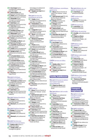 77 TOURNAN-EN-BRIE
Pb Lycée polyvalent Clément
Ader
76 rue Georges Clemenceau
Tél. 01 64 07 20 18
www.lyceeader.eu
Code : 0772342C
Internat garçons-filles
Diplômes préparés
Bac ES
Bac L
Bac S : SI, SVT
Bac STI2D spécialités : énergies
et environnement, systèmes
d'information et numérique
Langues vivantes du tronc
commun
- Anglais,Allemand, Espagnol
Enseignements
d'exploration en 2de
- Création et innovation
technologiques
- Méthodes et pratiques
scientifiques
- Principes fondamentaux de
l'économie et de la gestion
- Sciences de l'ingénieur
- Sciences économiques et sociales
- Sciences et laboratoire
Section particulière
- Section européenne : Anglais (en
liaison avec la classe de 2de)
77 VAUX-LE-PÉNIL
Pb Lycée polyvalent Simone
Signoret
Place du 14 juillet
Tél. 01 60 68 24 64
www.lycee-signoret.fr
Code : 0772310T
Diplômes préparés
Bac ES
Bac L
Bac S : SVT
Bac STMG spécialités : gestion et
finance, mercatique (marketing)
Bac ST2S
Langues vivantes du tronc
commun
- Anglais,Allemand, Espagnol
Enseignements
d'exploration en 2de
- Langues et cultures de l'Antiquité :
Latin
- Biotechnologies
- Littérature et société
- Méthodes et pratiques
scientifiques
- Principes fondamentaux de
l'économie et de la gestion
- Santé et social
- Sciences économiques et sociales
- Sciences et laboratoire
93 Seine-Saint-Denis
93 AUBERVILLIERS
Pb Lycée général et
technologique Henri Wallon
146 rue des Cités
Tél. 01 48 11 18 20
www.ac-creteil.fr/Lycees/93/
hwallonaubervilliers
Code : 0930116W
Diplômes préparés
Bac ES
Bac L
Bac S : SVT
Bac STL spécialité : sciences
physiques et chimiques en
laboratoire
Bac STMG spécialités : gestion et
finance, mercatique (marketing),
ressources humaines et
communication
Langues vivantes du tronc
commun
- Anglais,Allemand, Espagnol,
Italien
Enseignements
d'exploration en 2de
- LV3 : Italien
- Langues et cultures de l'Antiquité :
Grec, Latin
- Création et activités artistiques
: Arts du son,Arts visuels,
Patrimoines
- Littérature et société
- Méthodes et pratiques
scientifiques
- Principes fondamentaux de
l'économie et de la gestion
- Sciences économiques et sociales
- Sciences et laboratoire
Enseignements facultatifs
- Arts : Arts plastiques, Histoire des
arts, Musique
Section particulière
- Section européenne : Allemand
(en liaison avec les bacs ES, L
et S)
93 AUBERVILLIERS
Pb Lycée Le Corbusier
44 rue Léopold Rechossiere
Tél. 01 48 33 74 57
www.lyceelecorbusier.org
Code : 0930117X
Diplômes préparés
Bac ES
Bac S : SI, SVT
Bac STI2D spécialités : énergies
et environnement, innovation
technologique et éco-conception,
systèmes d'information et
numérique
Bac STMG spécialités : gestion et
finance, mercatique (marketing),
ressources humaines et
communication
Langues vivantes du tronc
commun
- Anglais,Allemand, Espagnol
Enseignements
d'exploration en 2de
- Création et innovation
technologiques
- Littérature et société
- Méthodes et pratiques
scientifiques
- Principes fondamentaux de
l'économie et de la gestion
- Sciences de l'ingénieur
- Sciences économiques et sociales
- Sciences et laboratoire
Enseignement facultatif
- Arts : Théâtre
Section particulière
- Section européenne : Anglais (en
liaison avec les bacs ES et S)
93 AULNAY-SOUS-BOIS
Pb Lycée général et
technologique Jean Zay
Avenue du Maréchal Juin
Tél. 01 48 66 04 98
www.ac-creteil.fr/Lycees/93/
jzayaulnay
Code : 0930833A
Diplômes préparés
Bac ES
Bac L
Bac S : SVT
Bac STMG spécialités : gestion et
finance, mercatique (marketing)
Langues vivantes du tronc
commun
- Anglais, Allemand, Espagnol,
Portugais
Enseignements
d'exploration en 2de
- LV3 : Portugais
- Langues et cultures de l'Antiquité :
Latin
- Création et activités artistiques :
Arts visuels
- Littérature et société
- Méthodes et pratiques
scientifiques
- Principes fondamentaux de
l'économie et de la gestion
- Sciences économiques et sociales
- Sciences et laboratoire
Enseignements facultatifs
- Arts : Arts plastiques, Théâtre
- Éducation physique et sportive
Section particulière
- Section européenne : Anglais
93 AULNAY-SOUS-BOIS
Pb Lycée Voillaume
136 rue de Mitry
Tél. 01 48 19 31 93
ww3.ac-creteil.fr/Lycees/93/
voillaumeaulnay
Code : 0930834B
Diplômes préparés
Bac ES
Bac L
Bac S : SI, SVT
Bac STI2D spécialités : énergies
et environnement, innovation
technologique et éco-conception,
systèmes d'information et
numérique
Bac STMG spécialités :
gestion et finance, mercatique
(marketing), ressources humaines
et communication, systèmes
d'information de gestion
Bac ST2S
Langues vivantes du tronc
commun
- Anglais, Allemand, Espagnol
Enseignements
d'exploration en 2de
- Biotechnologies
- Création et activités artistiques :
Patrimoines
- Création et innovation
technologiques
- Littérature et société
- Méthodes et pratiques
scientifiques
- Principes fondamentaux de
l'économie et de la gestion
- Santé et social
- Sciences de l'ingénieur
- Sciences économiques et sociales
- Sciences et laboratoire
Enseignement facultatif
- Arts : Histoire des arts
Section particulière
- Section européenne : Anglais (en
liaison avec tous les bacs)
93 BAGNOLET
Pb Lycée Eugène Hénaff
55 avenue Raspail
Tél. 01 41 63 26 10
www.lyceehenaff.fr
Code : 0932119Y
Diplômes préparés
Bac ES
Bac L
Bac S : SVT
Bac STI2D spécialités : architecture
et construction, énergies et
environnement
Langues vivantes du tronc
commun
- Anglais, Allemand, Espagnol
Enseignements
d'exploration en 2de
- Création et innovation
technologiques
- Littérature et société
- Méthodes et pratiques
scientifiques
- Principes fondamentaux de
l'économie et de la gestion
- Sciences de l'ingénieur
- Sciences économiques et sociales
- Sciences et laboratoire
93 BOBIGNY
Pb Lycée Louise Michel
70 avenue Jean Jaurès
Tél. 01 48 10 22 44
www.ac-creteil.fr/Lycees/93/
lmichelbobigny
Code : 0931613Y
Diplômes préparés
Bac ES
Bac L
Bac S : SVT
Bac STMG spécialités :
gestion et finance, mercatique
(marketing), ressources humaines
et communication, systèmes
d'information de gestion
Bac ST2S
Langues vivantes du tronc
commun
- Anglais, Allemand, Espagnol,
Italien
ACADÉMIE DE CRÉTEIL l RENTRÉE 2015 l GUIDE APRÈS LA 3e onisep.fr48
 