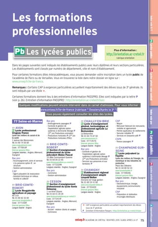 Les formations générales et technologiques
IndexvoieGTAApprentissagePrLycéesprivéssouscontratPbLycéespublicsIndexvoieproPrLycéesprivéssouscontratPbLycéespublics
Langues vivantes du tronc
commun
- Anglais,Allemand, Chinois,
Espagnol
Enseignements
d'exploration en 2de
- LV3 : Chinois, Espagnol
- Langues et cultures de l'Antiquité :
Grec, Latin
- Création et activités artistiques :
Arts visuels
- Littérature et société
- Méthodes et pratiques
scientifiques
- Principes fondamentaux de
l'économie et de la gestion
- Sciences économiques et sociales
- Sciences et laboratoire
Enseignements facultatifs
- LV3 : Chinois, Espagnol
- Arts : Cinéma - audiovisuel
- Éducation physique et sportive
- Langues et cultures de l'Antiquité :
Grec, Latin
Sections particulières
- Section internationale : Chinois
(en liaison avec les bacs ES et S)
- Section orientale : Chinois (en
liaison avec les bacs L et S)
93 NOISY-LE-GRAND
Pb Lycée polyvalent Evariste
Galois
Lycée des métiers de l'audiovisuel
32 avenue Montaigne
Tél. 01 48 15 15 90
http://lyceeevaristegalois.ac-creteil.
fr
Code : 0932047V
Diplômes préparés
Bac option internationale
Bac ES
Bac L
Bac S : SI, SVT
Bac STI2D spécialités : énergies
et environnement, systèmes
d'information et numérique
Bac STMG spécialités : gestion et
finance, mercatique (marketing),
ressources humaines et
communication
Langues vivantes du tronc
commun
- Anglais,Allemand, Espagnol
Enseignements
d'exploration en 2de
- LV3 : Italien
- Langues et cultures de l'Antiquité :
Grec, Latin
- Création et activités artistiques :
Patrimoines
- Création et innovation
technologiques
- Littérature et société
- Méthodes et pratiques
scientifiques
- Principes fondamentaux de
l'économie et de la gestion
- Sciences de l'ingénieur
- Sciences économiques et sociales
- Sciences et laboratoire
Enseignements facultatifs
- LV3 : Italien
- Arts : Arts plastiques
- Langues et cultures de l'Antiquité :
Grec, Latin
Sections particulières
- Section internationale : Anglais
- Section européenne : Anglais
93 NOISY-LE-SEC
Pb Lycée Olympe de Gouges
Rue de Montreuil à Claye
Tél. 01 48 43 42 02
http://lycee.olympedegouges.info
Code : 0930123D
Diplômes préparés
Bac ES
Bac L
Bac S : SVT
Bac STMG spécialités :
gestion et finance, mercatique
(marketing), ressources humaines
et communication, systèmes
d'information de gestion
Langues vivantes du tronc
commun
- Anglais, Allemand, Chinois,
Espagnol, Italien
Enseignements
d'exploration en 2de
- LV3 : Chinois, Italien
- Langues et cultures de l'Antiquité :
Grec, Latin
- Création et activités artistiques :
Arts visuels
- Littérature et société
- Principes fondamentaux de
l'économie et de la gestion
- Sciences économiques et sociales
- Sciences et laboratoire
Enseignement facultatif
- Arts : Théâtre
Section particulière
- Section européenne : Anglais (en
liaison avec tous les bacs)
93 PANTIN
Pb Lycée Lucie Aubrac
51 rue Victor Hugo
Tél. 01 41 83 09 70
http://lyceeaubrac.com
Code : 0932117W
Diplôme préparé
Bac STI2D spécialité : énergies et
environnement
Langues vivantes du tronc
commun
- Anglais, Allemand, Espagnol
Enseignements
d'exploration en 2de
- Création et innovation
technologiques
- Méthodes et pratiques
scientifiques
- Principes fondamentaux de
l'économie et de la gestion
- Sciences de l'ingénieur
- Sciences économiques et sociales
- Sciences et laboratoire
93 PANTIN
Pb Lycée Marcelin Berthelot
110-114 avenue Jean Jaurès
Tél. 01 48 46 30 70
www.mberthelot.fr
Code : 0930124E
Diplômes préparés
Bac ES
Bac L
Bac S : SVT
Bac STMG spécialités : gestion et
finance, mercatique (marketing),
ressources humaines et
communication
Langues vivantes du tronc
commun
- Anglais,Allemand,Arabe, Chinois,
Espagnol, Italien
Enseignements
d'exploration en 2de
- LV3 : Italien
- Langues et cultures de l'Antiquité :
Grec, Latin
- Biotechnologies
- Création et activités artistiques :
Arts du spectacle,Arts visuels
- Littérature et société
- Méthodes et pratiques
scientifiques
- Principes fondamentaux de
l'économie et de la gestion
- Santé et social
- Sciences économiques et sociales
- Sciences et laboratoire
Enseignements facultatifs
- Arts : Arts plastiques, Musique,
Théâtre
Section particulière
- Section européenne : Anglais,
Italien (en liaison avec les bacs
ES, L et S)
93 NEUILLY-SUR-
MARNE
Pb Lycée polyvalent Nicolas
Joseph Cugnot
Lycée des métiers de l'automobile
55 bld Louis Armand
Tél. 01 49 44 81 10
Code : 0932291K
Diplômes préparés
Bac ES
Bac S : SVT
Bac STI2D spécialité : innovation
technologique et éco-conception
Langues vivantes du tronc
commun
- Anglais,Allemand, Espagnol
Enseignements
d'exploration en 2de
- Création et innovation
technologiques
- Méthodes et pratiques
scientifiques
- Principes fondamentaux de
l'économie et de la gestion
- Sciences de l'ingénieur
- Sciences économiques et sociales
- Sciences et laboratoire
Sections particulières
- Section européenne : Anglais
- Unité localisée pour l'inclusion
scolaire : troubles des fonctions
cognitives ou mentales (dont les
troubles du langage écrit et de la
parole)
93 NOISY-LE-GRAND
Pb Lycée Flora Tristan
27 rue des Hauts Roseaux
Tél. 01 48 15 16 60
Code : 0931565W
Diplômes préparés
Bac option internationale
Bac ES
Bac L
Bac S : SVT
Bac STMG spécialités : gestion et
finance, mercatique (marketing),
ressources humaines et
communication
Langues vivantes du tronc
commun
- Anglais, Allemand, Arabe, Chinois,
Espagnol, Italien
Enseignements
d'exploration en 2de
- LV3 : Arabe, Hébreu moderne,
Italien
- Langues et cultures de l'Antiquité :
Latin
- Littérature et société
- Méthodes et pratiques
scientifiques
- Principes fondamentaux de
l'économie et de la gestion
- Sciences économiques et sociales
- Sciences et laboratoire
Enseignements facultatifs
- Arts : Arts plastiques
- Éducation physique et sportive
Section particulière
- Section européenne : Allemand
93 ROMAINVILLE
Pb Lycée polyvalent Liberté
Lycée des métiers du laboratoire et
de la santé
27 rue de la Liberté
Tél. 01 41 83 24 90
www.lyceeliberte.ac-creteil.fr/
Code : 0932267J
Diplôme préparé
Bac STL spécialité : biotechnologies
Bac ST2S
Langues vivantes du tronc
commun
- Anglais, Allemand, Espagnol
Enseignements
d'exploration en 2de
- Biotechnologies
- Principes fondamentaux de
l'économie et de la gestion
- Santé et social
- Sciences économiques et sociales
93 ROSNY-SOUS-BOIS
Pb Lycée Charles de Gaulle
102 rue Lavoisier
Tél. 01 48 94 30 62
www.lyceedegaulle-rosny.ac-creteil.fr
Code : 0932031C
Diplômes préparés
Bac ES
Bac L
Bac S : SI, SVT
Bac STMG spécialités : gestion et
finance, mercatique (marketing)
Langues vivantes du tronc
commun
- Anglais, Allemand, Espagnol
Enseignements
d'exploration en 2de
- LV3 : Chinois
- Création et activités artistiques :
Arts du spectacle
- Littérature et société
- Méthodes et pratiques
scientifiques
- Principes fondamentaux de
l'économie et de la gestion
- Sciences de l'ingénieur
- Sciences économiques et sociales
Enseignements facultatifs
- Arts : Histoire des arts
- Éducation physique et sportive
Section particulière
- Section européenne : Allemand,
Anglais (en liaison avec tous les
bacs)
onisep.fr ACADÉMIE DE CRÉTEIL l RENTRÉE 2015 l GUIDE APRÈS LA 3e
51
 