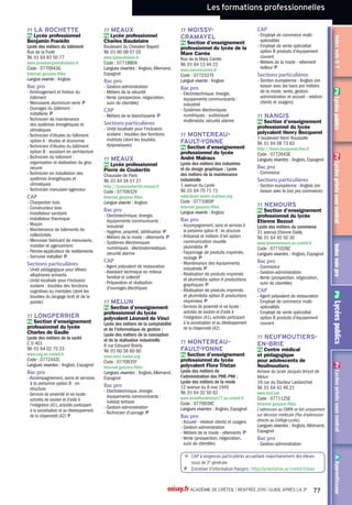 Les formations générales et technologiques
IndexvoieGTAApprentissagePrLycéesprivéssouscontratPbLycéespublicsIndexvoieproPrLycéesprivéssouscontratPbLycéespublics
93 VILLEPINTE
Pb Lycée Jean Rostand
8 rue Pierre Audat
Tél. 01 49 36 24 44
www.lyceejeanrostand.ac-creteil.fr
Code : 0931584S
Diplômes préparés
Bac ES
Bac L
Bac S : SI, SVT
Bac STI2D spécialités : énergies
et environnement, innovation
technologique et éco-conception,
systèmes d'information et
numérique
Bac STMG spécialités : gestion et
finance, mercatique (marketing),
ressources humaines et
communication
Langues vivantes du tronc
commun
- Anglais,Allemand, Espagnol
Enseignements
d'exploration en 2de
- Langues et cultures de l'Antiquité :
Latin
- Création et activités artistiques :
Patrimoines
- Création et innovation
technologiques
- Littérature et société
- Méthodes et pratiques
scientifiques
- Principes fondamentaux de
l'économie et de la gestion
- Sciences de l'ingénieur
- Sciences économiques et sociales
- Sciences et laboratoire
Enseignements facultatifs
- Arts : Arts plastiques
- Éducation physique et sportive
Section particulière
- Section européenne : Anglais
94 Val-de-Marne
94 ALFORTVILLE
Pb Lycée Maximilien Perret
Lycée des métiers : énergie et génie
climatique
Place San Benedetto del Tronto
Tél. 01 43 53 52 00
www.maxp.fr/drupal6
Code : 0940126B
Diplômes préparés
Bac ES
Bac L
Bac S : SI, SVT
Bac STI2D spécialités : architecture
et construction, énergies et
environnement, systèmes
d'information et numérique
Langues vivantes du tronc
commun
- Anglais, Allemand, Espagnol
Enseignements
d'exploration en 2de
- LV3 : Chinois, Italien
- Langues et cultures de l'Antiquité :
Latin
- Création et activités artistiques :
Arts visuels
- Création et innovation
technologiques
- Littérature et société
- Méthodes et pratiques
scientifiques
- Principes fondamentaux de
l'économie et de la gestion
- Sciences de l'ingénieur
- Sciences économiques et sociales
- Sciences et laboratoire
Enseignement facultatif
- Arts : Arts plastiques
Section particulière
- Section européenne : Anglais ((en
liaison avec tous les bacs))
94 CACHAN
Pb Lycée Gustave Eiffel
61 avenue du Président Wilson
Tél. 01 47 40 47 20
www.eiffel-cachan.ac-creteil.fr
Code : 0940111K
Internat garçons-filles
Diplômes préparés
Bac S : SI, SVT
Bac STI2D spécialités : énergies
et environnement, innovation
technologique et éco-conception,
systèmes d'information et
numérique
Langues vivantes du tronc
commun
- Anglais, Allemand, Espagnol
Enseignements
d'exploration en 2de
- Création et innovation
technologiques
- Méthodes et pratiques
scientifiques
- Principes fondamentaux de
l'économie et de la gestion
- Sciences de l'ingénieur
- Sciences économiques et sociales
- Sciences et laboratoire
Enseignement facultatif
- Arts : Cinéma - audiovisuel
Section particulière
- Section européenne : Anglais (en
liaison avec tous les bacs)
Enseignements
d'exploration en 2de
- LV3 : Italien
- Langues et cultures de l'Antiquité :
Latin
- Création et activités artistiques :
Arts visuels
- Littérature et société
- Méthodes et pratiques
scientifiques
- Principes fondamentaux de
l'économie et de la gestion
- Sciences de l'ingénieur
- Sciences économiques et sociales
Enseignements facultatifs
- Arts : Arts plastiques
- Éducation physique et sportive
Section particulière
- Section européenne : Anglais (en
liaison avec le bac L)
93 VILLEMOMBLE
Pb Lycée Clemenceau
130 rue de Neuilly
Tél. 01 48 12 91 20
Code : 0930127H
Diplômes préparés
Bac ES
Bac L
Bac S : SVT
Bac STMG spécialités : gestion et
finance, mercatique (marketing),
ressources humaines et
communication
Langues vivantes du tronc
commun
- Anglais,Allemand, Espagnol,
Italien
Enseignements
d'exploration en 2de
- LV3 : Italien
- Langues et cultures de l'Antiquité :
Grec, Latin
- Littérature et société
- Méthodes et pratiques
scientifiques
- Principes fondamentaux de
l'économie et de la gestion
- Sciences économiques et sociales
- Sciences et laboratoire
Enseignements facultatifs
- Arts : Arts plastiques, Musique
- Éducation physique et sportive
Section particulière
- Section européenne : Anglais
93 VILLEMOMBLE
Pb Lycée polyvalent Blaise
Pascal
18 rue Marc Viéville
Tél. 01 48 54 79 61
www.lyceeblaisepascal.ac-creteil.fr
Code : 0932221J
Diplôme préparé
Bac ST2S
Langues vivantes du tronc
commun
- Anglais, Espagnol
Enseignements
d'exploration en 2de
- Biotechnologies
- Santé et social
- Sciences économiques et sociales
94 CACHAN
Pb Lycée Maximilien Sorre
61 avenue du Président Wilson
Tél. 01 47 40 49 60
www.lms.ens-cachan.fr
Code : 0940580V
Diplômes préparés
Bac ES
Bac L
Bac S : SVT
Bac STL spécialité : biotechnologies
Bac STMG spécialités :
gestion et finance, mercatique
(marketing), ressources humaines
et communication, systèmes
d'information de gestion
Bac ST2S
Langues vivantes du tronc
commun
- Anglais, Allemand, Espagnol,
Italien
Enseignements
d'exploration en 2de
- LV3 : Italien, Portugais
- Langues et cultures de l'Antiquité :
Latin
- Biotechnologies
- Littérature et société
- Méthodes et pratiques
scientifiques
- Principes fondamentaux de
l'économie et de la gestion
- Santé et social
- Sciences économiques et sociales
- Sciences et laboratoire
Section particulière
- Section européenne : Anglais (en
liaison avec bacs ES et L)
94 CHAMPIGNY-SUR-
MARNE
Pb Lycée Langevin Wallon
126 avenue Roger Salengro
Tél. 01 48 81 28 33
www.lycee-langevin-wallon.com
Code : 0940113M
Diplômes préparés
Bac ES
Bac S : SI, SVT
Bac STI2D spécialités : énergies
et environnement, innovation
technologique et éco-conception,
systèmes d'information et
numérique
Bac STMG spécialités :
gestion et finance, mercatique
(marketing), ressources humaines
et communication, systèmes
d'information de gestion
Langues vivantes du tronc
commun
- Anglais, Allemand, Espagnol,
Italien, Portugais
Enseignements
d'exploration en 2de
- Création et innovation
technologiques
- Méthodes et pratiques
scientifiques
- Principes fondamentaux de
l'économie et de la gestion
- Sciences de l'ingénieur
- Sciences économiques et sociales
- Sciences et laboratoire
onisep.fr ACADÉMIE DE CRÉTEIL l RENTRÉE 2015 l GUIDE APRÈS LA 3e
53
 