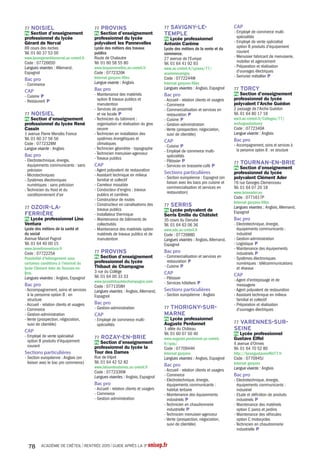 94 CHAMPIGNY-SUR-
MARNE
Pb Lycée Louise Michel
7 rue Pierre Marie Derrien
Tél. 01 48 82 07 35
www.louisemichelchampigny.ac-
creteil.fr
Code : 0940112L
Diplômes préparés
Bac ES
Bac L
Bac S : SVT
Bac STL spécialité : biotechnologies
Bac ST2S
Langues vivantes du tronc
commun
- Anglais,Allemand, Espagnol,
Italien, Portugais
Enseignements
d'exploration en 2de
- LV3 : Italien, Portugais
- Langues et cultures de l'Antiquité :
Grec, Latin
- Biotechnologies
- Littérature et société
- Méthodes et pratiques
scientifiques
- Principes fondamentaux de
l'économie et de la gestion
- Santé et social
- Sciences économiques et sociales
- Sciences et laboratoire
Enseignement facultatif
- Éducation physique et sportive
Section particulière
- Section européenne : Anglais (en
liaison avec les bacs ES, L et S)
94 CHAMPIGNY-SUR-
MARNE
Pb Lycée Marx Dormoy
Lycée des métiers de
l'environnement et des services
500 rue du Professeur Milliez
Tél. 01 45 16 69 00
www.lycee-marxdormoy-creteil.fr
Code : 0941951K
Diplômes préparés
Bac ES
Bac L
Bac S : SVT
Bac STMG spécialités : gestion et
finance, mercatique (marketing)
Langues vivantes du tronc
commun
- Anglais,Allemand, Espagnol, Langue
des signes française, Portugais
Enseignements
d'exploration en 2de
- LV3 : Portugais
- Langues et cultures de l'Antiquité :
Latin
- Littérature et société
- Méthodes et pratiques
scientifiques
- Principes fondamentaux de
l'économie et de la gestion
- Sciences de l'ingénieur
- Sciences économiques et sociales
- Sciences et laboratoire
Enseignement facultatif
- Arts : Histoire des arts
Sections particulières
- Section européenne : Allemand,
Espagnol (en liaison avec tous
les bacs)
- Unité localisée pour l'inclusion
scolaire : troubles de la fonction
auditive
94 CHARENTON-LE-
PONT
Pb Lycée polyvalent Robert
Schuman
2 rue de l'Embarcadère
Tél. 01 43 68 95 59
http://lpocharenton.nerim.net
Code : 0941974K
Diplômes préparés
Bac ES
Bac L
Bac S : SVT
Bac STMG spécialités : gestion et
finance, mercatique (marketing)
Langues vivantes du tronc
commun
- Anglais,Allemand, Espagnol,
Italien
Enseignements
d'exploration en 2de
- Langues et cultures de l'Antiquité :
Latin
- Littérature et société
- Méthodes et pratiques
scientifiques
- Principes fondamentaux de
l'économie et de la gestion
- Sciences économiques et sociales
Section particulière
- Section européenne : Anglais,
Italien (en liaison avec les bacs
ES, L et S)
94 CHENNEVIÈRES-
SUR-MARNE
Pb Lycée Champlain
Lycée des métiers de la
construction et de la gestion
immobilière
Rue des Bordes
Tél. 01 56 86 19 10
Code : 0941470M
Diplômes préparés
Bac ES
Bac L
Bac S : SVT
Bac STI2D spécialité : architecture
et construction
Bac STMG spécialités : gestion et
finance, mercatique (marketing),
ressources humaines et
communication
Langues vivantes du tronc
commun
- Anglais,Allemand, Espagnol
Enseignements
d'exploration en 2de
- LV3 : Chinois
- Langues et cultures de l'Antiquité :
Grec, Latin
- Création et activités artistiques :
Arts du son,Arts du spectacle
- Éducation physique et sportive
- Littérature et société
- Méthodes et pratiques
scientifiques
- Principes fondamentaux de
l'économie et de la gestion
- Sciences de l'ingénieur
- Sciences économiques et sociales
Enseignements facultatifs
- LV3 : Chinois
- Arts : Musique,Théâtre
- Langues et cultures de l'Antiquité :
Grec
Section particulière
- Section européenne : Allemand
94 CHEVILLY-LARUE
Pb Lycée Pauline Roland
17 avenue du Général de Gaulle
Tél. 01 49 08 09 40
http://paulineroland.eg2.fr
Code : 0942269F
Diplômes préparés
Bac ES
Bac S : SVT
Bac STMG spécialités : gestion et
finance, mercatique (marketing)
Langues vivantes du tronc
commun
- Anglais, Allemand, Espagnol
Enseignements
d'exploration en 2de
- Littérature et société
- Méthodes et pratiques
scientifiques
- Principes fondamentaux de
l'économie et de la gestion
- Sciences économiques et sociales
94 CRÉTEIL
Pb Lycée Edouard Branly
33 rue du Petit Bois
Tél. 01 43 39 34 75
www.ac-creteil.fr/Lycees/94/
ebranlycreteil
Code : 0941018W
Diplômes préparés
Bac S : SI
Bac STI2D spécialités : énergies
et environnement, innovation
technologique et éco-conception,
systèmes d'information et numérique
Langues vivantes du tronc
commun
- Anglais, Allemand, Espagnol
Enseignements
d'exploration en 2de
- Création et innovation
technologiques
- Méthodes et pratiques
scientifiques
- Principes fondamentaux de
l'économie et de la gestion
- Sciences de l'ingénieur
- Sciences économiques et sociales
94 CRÉTEIL
Pb Lycée Gutenberg
16 rue de Saussure
Tél. 01 45 13 26 80
www.lycee-gutenberg.ac-creteil.fr
Code : 0941930M
Diplômes préparés
Bac ES
Bac L
Bac S : SVT
Bac STMG spécialités : gestion et
finance, mercatique (marketing)
Bac ST2S
Langues vivantes du tronc
commun
- Anglais, Allemand, Espagnol
Enseignements
d'exploration en 2de
- LV3 : Italien
- Biotechnologies
- Littérature et société
- Méthodes et pratiques
scientifiques
- Principes fondamentaux de
l'économie et de la gestion
- Santé et social
- Sciences économiques et sociales
Section particulière
- Section européenne : Allemand,
Anglais
94 CRÉTEIL
Pb Lycée Léon Blum
5 rue Jean Gabin
Tél. 01 48 99 22 48
www.lyceeleonblum.ac-creteil.fr/
Code : 0941413A
Diplômes préparés
Bac ES
Bac L
Bac S : SVT
Bac STMG spécialités : gestion et
finance, mercatique (marketing),
ressources humaines et communication
Langues vivantes du tronc
commun
- Anglais, Allemand, Espagnol
Enseignements
d'exploration en 2de
- LV3 : Créole
- Langues et cultures de l'Antiquité :
Grec, Latin
- Création et activités artistiques :
Arts visuels, Patrimoines
- Littérature et société
- Méthodes et pratiques
scientifiques
- Principes fondamentaux de
l'économie et de la gestion
- Sciences économiques et sociales
- Sciences et laboratoire
Enseignements facultatifs
- Arts : Cinéma - audiovisuel
- Éducation physique et sportive
Sections particulières
- Section européenne : Anglais (en
liaison avec tous les bacs)
- Unité pédagogique pour élèves
allophones arrivants
- Unité localisée pour l'inclusion
scolaire : troubles des fonctions
motrices (dont les troubles
dyspraxiques)
94 CRÉTEIL
Pb Lycée Saint-Exupéry
4 rue Henri Matisse
Tél. 01 41 94 28 28
www.lyceesaintexupery.fr
Code : 0940114N
Diplômes préparés
Bac ES
Bac L
Bac S : SVT
Bac STMG spécialités : gestion et
finance, mercatique (marketing),
ressources humaines et communication
Langues vivantes du tronc
commun
- Anglais, Allemand, Espagnol,
Hébreu moderne, Italien, Portugais
Enseignements
d'exploration en 2de
- LV3 : Arabe, Chinois, Hébreu
moderne, Italien
- Langues et cultures de l'Antiquité :
Latin
- Création et activités artistiques :
Arts visuels
- Littérature et société
- Méthodes et pratiques
scientifiques
- Principes fondamentaux de
l'économie et de la gestion
- Sciences économiques et sociales
- Sciences et laboratoire
ACADÉMIE DE CRÉTEIL l RENTRÉE 2015 l GUIDE APRÈS LA 3e onisep.fr54
 