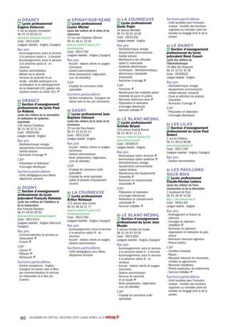 94 MAISONS-ALFORT
Pb Lycée Eugène Delacroix
5 rue Pierre Curie
Tél. 01 45 18 32 70
http://lycee-delacroix-maisons-
alfort.fr
Code : 0940116R
Diplômes préparés
Bachibac
Bac ES
Bac L
Bac S : SVT
Bac STMG spécialités : gestion et
finance, ressources humaines et
communication
Langues vivantes du tronc
commun
- Anglais,Allemand, Espagnol,
Italien
Enseignements
d'exploration en 2de
- LV3 : Italien
- Langues et cultures de l'Antiquité :
Grec, Latin
- Création et activités artistiques :
Arts visuels
- Littérature et société
- Méthodes et pratiques
scientifiques
- Principes fondamentaux de
l'économie et de la gestion
- Sciences économiques et sociales
- Sciences et laboratoire
Enseignements facultatifs
- Arts : Arts plastiques, Musique
Sections particulières
- Section Bachibac vers les bacs
ES, L, S et le bachillerato
- Section européenne : Allemand,
Espagnol (en liaison avec les bacs
ES, L et S)
94 NOGENT-SUR-
MARNE
Pb Lycée Edouard Branly
8 rue Baüyn de Perreuse
Tél. 01 48 73 22 12
www.ac-creteil.fr/lycees/94/
ebranlynogent
Code : 0940117S
Diplômes préparés
Bac option internationale
Bac ES
Bac L
Bac S : SVT
Langues vivantes du tronc
commun
- Anglais,Allemand, Espagnol
Enseignements
d'exploration en 2de
- LV3 : Espagnol, Italien
- Langues et cultures de l'Antiquité :
Grec, Latin
- Littérature et société
- Méthodes et pratiques
scientifiques
- Principes fondamentaux de
l'économie et de la gestion
- Sciences économiques et sociales
- Sciences et laboratoire
Section particulière
- Section internationale : Anglais
94 NOGENT-SUR-
MARNE
Pb Lycée Louis Armand
Lycée des métiers des
télécommunications et des réseaux
informatiques, de l'électricité et ses
applications et de la conception
mécanique assistée par ordinateur
173 boulevard de Strasbourg
Tél. 01 45 14 28 28
www.larmand.fr
Code : 0940118T
Diplômes préparés
Bac S : SI, SVT
Bac STI2D spécialités : énergies
et environnement, innovation
technologique et éco-conception,
systèmes d'information et
numérique
Langues vivantes du tronc
commun
- Anglais,Allemand, Espagnol
Enseignements
d'exploration en 2de
- Création et innovation
technologiques
- Méthodes et pratiques
scientifiques
- Principes fondamentaux de
l'économie et de la gestion
- Sciences de l'ingénieur
- Sciences économiques et sociales
- Sciences et laboratoire
Section particulière
- Section européenne : Anglais (de
la 2de à la terminale)
94 SAINT-MAUR-DES-
FOSSÉS
Pb Lycée d'Arsonval
65 rue du Pont de Créteil
Tél. 01 48 83 98 43
www.darsonval-st-maur.ac-creteil.fr
Code : 0940121W
Diplômes préparés
Bac ES
Bac L
Bac S : SI, SVT
Bac STL spécialités :
biotechnologies, sciences physiques
et chimiques en laboratoire
Langues vivantes du tronc
commun
- Anglais,Allemand, Espagnol
Enseignements
d'exploration en 2de
- Biotechnologies
- Création et activités artistiques :
Arts du son
- Littérature et société
- Méthodes et pratiques
scientifiques
- Sciences de l'ingénieur
- Sciences économiques et sociales
- Sciences et laboratoire
Enseignements facultatifs
- Arts : Musique,Théâtre
Section particulière
- Section européenne : Anglais (en
liaison avec les bacs ES, L et S)
94 SAINT-MAUR-DES-
FOSSÉS
Pb Lycée François Mansart
Lycée des métiers du bois et de
l'habitat
25 avenue de la Banque
Tél. 01 48 83 48 80
www.ac-creteil.fr/lpo_fmansart_sm/
Code : 0940585A
Diplômes préparés
Bac ES
Bac S : SI, SVT
Bac STD2A
Bac STI2D spécialités : architecture
et construction, innovation
technologique et éco-conception
Bac STMG spécialité : mercatique
(marketing)
Langues vivantes du tronc
commun
- Anglais, Allemand, Espagnol
Enseignements
d'exploration en 2de
- Création et culture-design
- Création et innovation
technologiques
- Méthodes et pratiques
scientifiques
- Principes fondamentaux de
l'économie et de la gestion
- Sciences de l'ingénieur
- Sciences économiques et sociales
94 SAINT-MAUR-DES-
FOSSÉS
Pb Lycée Marcelin Berthelot
6 boulevard Maurice Berteaux
Tél. 01 45 11 51 11
www.lycee-berthelot.org
Code : 0940120V
Internat garçons-filles
Diplômes préparés
Bac ES
Bac L
Bac S : SVT
Bac STMG spécialité : mercatique
(marketing)
Langues vivantes du tronc
commun
- Anglais, Allemand, Chinois,
Espagnol, Italien
Enseignements
d'exploration en 2de
- LV3 : Russe
- Langues et cultures de l'Antiquité :
Grec, Latin
- Littérature et société
- Méthodes et pratiques
scientifiques
- Principes fondamentaux de
l'économie et de la gestion
- Sciences économiques et sociales
Enseignements facultatifs
- Arts : Musique
- Éducation physique et sportive
94 SUCY-EN-BRIE
Pb Lycée Christophe Colomb
154 rue de Boissy
Tél. 01 49 82 29 29
www.lycee-christophecolomb94.com
Code : 0941918Z
Diplômes préparés
Bac ES
Bac L
Bac S : SI, SVT
Bac STI2D spécialités : innovation
technologique et éco-conception,
systèmes d'information et
numérique
Langues vivantes du tronc
commun
- Anglais, Allemand, Espagnol
Enseignements
d'exploration en 2de
- LV3 : Italien
- Langues et cultures de l'Antiquité :
Grec, Latin
- Création et innovation
technologiques
- Littérature et société
- Méthodes et pratiques
scientifiques
- Principes fondamentaux de
l'économie et de la gestion
- Sciences de l'ingénieur
- Sciences économiques et sociales
- Sciences et laboratoire
Section particulière
- Section européenne : Anglais
94 SUCY-EN-BRIE
Pb Lycée polyvalent
Montaleau
Lycée des métiers de la restauration
2 bis rue Pierre Semard
Tél. 01 45 90 25 13
http://montaleau.nerim.net/
Code : 0942130E
Diplômes préparés
Bac Hôtellerie
Classe de seconde
spécifique
Seconde spécifique Bac Hôtellerie
Entretien d'information Passpro -
http://orientation.ac-creteil.fr/saio
LV : Anglais, Allemand, Espagnol
Section particulière
- Section européenne : Anglais (en
liaison avec le bac Hôtellerie)
94 THIAIS
Pb Lycée Guillaume
Apollinaire
42 rue du Pavé de Grignon
Tél. 01 48 52 58 77
http://lycee-apollinaire-thiais.fr
Code : 0940123Y
Diplômes préparés
Bac ES
Bac L
Bac S : SI, SVT
Bac STMG spécialités :
gestion et finance, mercatique
(marketing), ressources humaines
et communication, systèmes
d'information de gestion
Bac TMD option instrument
Langues vivantes du tronc
commun
- Anglais, Allemand, Espagnol,
Italien
ACADÉMIE DE CRÉTEIL l RENTRÉE 2015 l GUIDE APRÈS LA 3e onisep.fr56
 