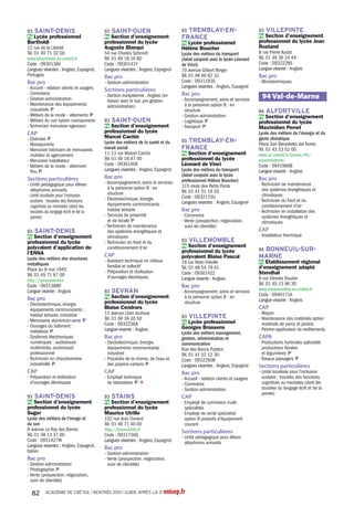 Les formations générales
et technologiques
Pr Les lycées privés
sous contrat
Langues vivantes du tronc
commun
- Anglais, Allemand, Espagnol
Enseignements
d'exploration en 2de
- Création et activités artistiques :
Arts visuels, Patrimoines
- Littérature et société
- Méthodes et pratiques
scientifiques
- Principes fondamentaux de
l'économie et de la gestion
- Santé et social
- Sciences économiques et sociales
- Sciences et laboratoire
77 FONTAINEBLEAU
Pr Lycée polyvalent privé
Blanche de Castille
42 bis rue du Château
Tél. 01 64 22 30 07
www.bdcfontainebleau.com
Code : 0771200L
Hébergement organisé hors
établissement
Diplôme préparé
Bac STMG spécialités : mercatique
(marketing), ressources humaines
et communication
Bac ST2S
Enseignements
d'exploration en 2de
- Création et innovation
technologiques
- Littérature et société
- Méthodes et pratiques
scientifiques
- Principes fondamentaux de
l'économie et de la gestion
- Sciences de l'ingénieur
- Sciences économiques et sociales
Enseignements facultatifs
- LV3 : Chinois
- Langues et cultures de l'Antiquité :
Latin
77 CHELLES
Pr Lycée Guy Gasnier Sainte
Bathilde
28 rue du Tir
Tél. 01 60 20 53 01
www.gasnierguy-stebathilde.com
Code : 0771720B
Diplômes préparés
Bac ES
Bac L
Bac S : SVT
Langues vivantes du tronc
commun
- Anglais, Allemand, Espagnol
Enseignements
d'exploration en 2de
- LV3 : Italien
- Langues et cultures de l'Antiquité :
Latin
- Littérature et société
- Méthodes et pratiques
scientifiques
- Principes fondamentaux de
l'économie et de la gestion
- Sciences économiques et sociales
- Sciences et laboratoire
77 FONTAINEBLEAU
Pr Lycée Jeanne d'Arc -
Saint-Aspais
18 boulevard Maginot
Tél. 01 64 22 24 89
www.jeanne-darc-st-aspais.com
Code : 0771232W
Internat garçons-filles
Diplômes préparés
Bac ES
Bac L
Bac S : SVT
77 Seine-et-Marne
77 BUSSY-SAINT-
GEORGES
Pr Lycée polyvalent Maurice
Rondeau
Lycée des métiers de
l'électrotechnique et de la
maintenance
1 place Clos Saint-Georges
Tél. 01 64 66 08 78
www.lyceerondeau.eu
Code : 0772275E
Diplômes préparés
Bac ES
Bac S : SVT
Bac STI2D spécialités : énergies
et environnement, innovation
technologique et éco-conception
Langues vivantes du tronc
commun
- Anglais,Allemand, Espagnol
Pour les établissements privés sous contrat, les inscriptions se font directement auprès de l’établissement choisi.
Dans les pages suivantes, sont indiqués les établissements privés sous contrat avec leurs diplômes, leurs enseignements
de 2de et leurs sections particulières.
Les établissements sont classés par numéro de département, ville et nom d’établissement.
A noter : Les enseignements d’exploration ne sont déterminants ni pour le choix de la série de bac ni pour celui du
lycée. La plupart de ces enseignements sont proposés par un grand nombre d’établissements.
Quelques modifications peuvent encore intervenir dans ce carnet d’adresses. Pour vous informer :
www.onisep.fr/ile-de-france [rubrique  Dossiers/Après la 3e ]
Vous pouvez également consulter les sites des lycées.
Plus d’information :
http://orientation.ac-creteil.fr
rubrique orientation
ACADÉMIE DE CRÉTEIL l RENTRÉE 2015 l GUIDE APRÈS LA 3e onisep.fr58
 