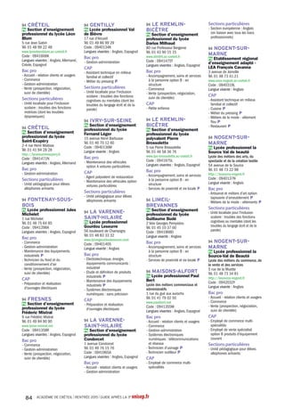 93 AULNAY-SOUS-BOIS
Pr Lycée l'Espérance
35 rue Anatole France
Tél. 01 48 19 89 10
Code : 0930961P
Diplômes préparés
Bac ES
Bac L
Bac S : SVT
Langues vivantes du tronc
commun
- Anglais,Allemand, Espagnol
Enseignements
d'exploration en 2de
- LV3 : Italien
- Langues et cultures de l'Antiquité :
Latin
- Littérature et société
- Méthodes et pratiques
scientifiques
- Principes fondamentaux de
l'économie et de la gestion
- Sciences économiques et sociales
93 AULNAY-SOUS-BOIS
Pr Lycée Protectorat Saint-
Joseph
36 rue Jacques Duclos
Tél. 01 48 66 10 41
http://protectorat.fr
Code : 0931026K
Diplôme préparé
Bac STMG spécialités :
gestion et finance, mercatique
(marketing), ressources humaines
et communication, systèmes
d'information de gestion
Langues vivantes du tronc
commun
- Anglais,Allemand, Espagnol
Enseignements
d'exploration en 2de
- Langues et cultures de l'Antiquité :
Latin
- Principes fondamentaux de
l'économie et de la gestion
- Sciences économiques et sociales
Enseignement facultatif
- Arts : Arts plastiques
93 BAGNOLET
Pr Section générale
et technologique de
l'ensemble scolaire du LP
Saint-Benoît de l'Europe
82 rue Gambetta
Tél. 01 43 62 11 62
www.saintbenoist.fr/
Code : 0930936M
Diplômes préparés
Bac ES
Bac S : SVT
Bac STMG spécialité : mercatique
(marketing)
Langues vivantes du tronc
commun
- Anglais, Espagnol
Enseignements
d'exploration en 2de
- Méthodes et pratiques
scientifiques
- Principes fondamentaux de
l'économie et de la gestion
- Sciences économiques et sociales
93 BOBIGNY
Pr Lycée Charles Péguy
216 avenue Henri Barbusse
Tél. 01 48 30 31 82
www.charles-peguy-bobigny.fr
Code : 0930962R
Etablissement pour jeunes filles
Diplômes préparés
Bac ES
Bac L
Bac S : SVT
Langues vivantes du tronc
commun
- Anglais,Allemand, Espagnol
Enseignements
d'exploration en 2de
- LV3 : Chinois, Italien
- Langues et cultures de l'Antiquité :
Grec, Latin
- Littérature et société
- Méthodes et pratiques
scientifiques
- Principes fondamentaux de
l'économie et de la gestion
- Sciences économiques et sociales
Enseignements facultatifs
- Arts : Arts plastiques, Musique
93 BONDY
Pr Lycée polyvalent privé
Assomption
12 avenue de Verdun
Tél. 01 48 49 51 74
www.assomption-bondy.net
Code : 0930933J
Diplôme préparé
Bac STD2A
Bac ST2S
Langues vivantes du tronc
commun
- Anglais, Espagnol
Enseignements
d'exploration en 2de
- Biotechnologies
- Création et culture-design
- Santé et social
- Sciences économiques et sociales
93 GAGNY
Pr Lycée Merkaz Hatorah
92 chemin des Bourdons
Tél. 01 56 46 04 40
Code : 0931464L
Diplômes préparés
Bac ES
Bac S : SVT
Langue vivante du tronc
commun
- Anglais
Enseignements
d'exploration en 2de
- Méthodes et pratiques
scientifiques
- Principes fondamentaux de
l'économie et de la gestion
- Sciences économiques et sociales
93 LE RAINCY
Pr Lycée Merkaz Hatorah
Filles
67 boulevard du Midi
Tél. 01 43 02 50 11
Code : 0932303Y
Etablissement pour jeunes filles.
Diplômes préparés
Bac ES
Bac S : SVT
Langues vivantes du tronc
commun
- Anglais, Hébreu moderne
Enseignements
d'exploration en 2de
- Méthodes et pratiques
scientifiques
- Principes fondamentaux de
l'économie et de la gestion
- Sciences économiques et sociales
- Sciences et laboratoire
Enseignement facultatif
- Arts : Arts plastiques
93 LE RAINCY
Pr Lycée Saint-Louis Sainte-
Clothilde
37 allée La Fontaine
Tél. 01 43 01 31 40
www.saintlouis-sainteclotilde.org/
Code : 0931812P
Diplômes préparés
Bac ES
Bac L
Bac S : SVT
Bac STMG spécialité : mercatique
(marketing)
Langues vivantes du tronc
commun
- Anglais, Allemand, Espagnol
Enseignements
d'exploration en 2de
- Langues et cultures de l'Antiquité :
Grec, Latin
- Littérature et société
- Méthodes et pratiques
scientifiques
- Principes fondamentaux de
l'économie et de la gestion
- Sciences économiques et sociales
- Sciences et laboratoire
Enseignements facultatifs
- Arts : Arts plastiques, Musique
93 LES PAVILLONS-
SOUS-BOIS
Pr Lycée Alliance
35 allée Robert Estienne
Tél. 01 48 48 16 17
Code : 0931813R
Diplômes préparés
Bac ES
Bac S : SVT
Langues vivantes du tronc
commun
- Anglais, Espagnol, Hébreu
moderne
Enseignements
d'exploration en 2de
- Méthodes et pratiques
scientifiques
- Principes fondamentaux de
l'économie et de la gestion
- Sciences économiques et sociales
93 MONTREUIL
Pr Lycée Henri Matisse
88 bis rue Jules Guesde
Tél. 01 45 28 44 70
www.henrimatisse.fr
Code : 0930965U
Diplômes préparés
Bac ES
Bac L
Bac S : SVT
Langues vivantes du tronc
commun
- Anglais, Allemand, Espagnol
Enseignements
d'exploration en 2de
- Langues et cultures de l'Antiquité :
Grec, Latin
- Création et activités artistiques :
Arts visuels
- Littérature et société
- Méthodes et pratiques
scientifiques
- Principes fondamentaux de
l'économie et de la gestion
- Sciences économiques et sociales
Enseignements facultatifs
- LV3 : Italien
- Arts : Arts plastiques, Musique
93 MONTREUIL
Pr Lycée technique ORT
Daniel Mayer
39-45 rue Raspail
Tél. 01 49 88 46 50
www.montreuil.ort.asso.fr
Code : 0931796X
Diplôme préparé
Bac STI2D spécialité : systèmes
d'information et numérique
Bac STMG spécialités : gestion et
finance, mercatique (marketing)
Langues vivantes du tronc
commun
- Anglais, Espagnol, Hébreu
moderne
Enseignements
d'exploration en 2de
- Création et innovation
technologiques
- Méthodes et pratiques
scientifiques
- Principes fondamentaux de
l'économie et de la gestion
- Sciences de l'ingénieur
- Sciences économiques et sociales
93 NOISY-LE-GRAND
Pr Lycée Françoise Cabrini
20 rue du Dr Sureau
Tél. 01 48 15 16 25
www.cabrini.fr/
Code : 0932036H
Diplômes préparés
Bac ES
Bac L
Bac S : SI, SVT
Bac STI2D spécialités : énergies
et environnement, systèmes
d'information et numérique
Bac STMG spécialités : gestion et
finance, mercatique (marketing),
ressources humaines et
communication
Bac ST2S
Langues vivantes du tronc
commun
- Anglais, Allemand, Espagnol
ACADÉMIE DE CRÉTEIL l RENTRÉE 2015 l GUIDE APRÈS LA 3e onisep.fr60
 