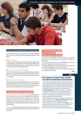 ©LaurencePrat/Onisep
GUIDE APRÈS LA 3e l RENTRÉE 2015 7
Choix d'1 enseignement d'exploration
Les élèves intéressés par le sport ou les arts appliqués
peuventchoisir1seulenseignementd'explorationauchoix
parmi :
Arts du cirque]
S'initieràl'universducirque,encollaborationavecunpartenaire
culturelhabilité;acquérirdessavoir-fairefondamentauxdans
lesdifférentestechniquesducirque;seconstitueruneculture
desartsducirqueetduspectaclevivant.
Éducation physique et sportive]
Suivreuneformationpratique,exigeanteetrigoureusedans
ledomainedesactivitésphysiques,sportivesetartistiques ;
découvrirlesmétiersdusportetlesétudessupérieuresqui
y conduisent.
Création et culture design]
Acquérirlesbasesd'unepratiqueexploratoireetcréativedu
design ; appréhender une démarche de conception fondée
sur des approches sensibles, plastiques, technologiques,
économiques de différentes cultures et époques.
1 enseignement facultatif
En 2de générale et technologique, un enseignement à
choisir parmi : latin ; grec ; LV3 étrangère ou régionale ;
arts (arts plastiques ou cinéma-audiovisuel ou danse ou
histoire des arts ou musique ou théâtre) ; EPS ; un atelier
artistique (dans certains lycées). Et pour les élèves des
lycéesagricoles:hippologieetéquitation ;pratiquessociales
et culturelles.
À noter : un même enseignement ne peut être choisi au
titredesenseignementsd'explorationetdel'enseignement
facultatif.
1 accompagnement
personnalisé
pour tous les élèves
Il est destiné à répondre plus étroitement aux besoins
des élèves. Il peut comprendre des activités variées, en
particulier :
- du travail et du soutien sur les méthodes, pour aider les
élèves à s'adapter aux exigences du lycée ;
-del'approfondissement,pourabordercertainesmatières,
de manière différente, ou certains domaines ;
- de l'aide à l'orientation, pour aider les élèves à construire
leur projet de formation.
Des stages et un tutorat pour faciliter
vos choix d'orientation et de formation
- Pour les élèves qui souhaitent changer de série ou de voie, et après
avis du conseil de classe de l'établissement fréquenté (passage de
la voie professionnelle à la voie générale et technologique) ou après
avis pédagogique de la classe de l'établissement d'accueil (passage
de la voie générale et technologique à la voie professionnelle),
desstages passerelles peuvent être organisés pour acquérir les
compléments d'enseignement indispensables au changement
d'orientation. Ces stages concernent en priorité les élèves de 1re
générale ou technologique, éventuellement les élèves de 2de,et
exceptionnellement les élèves de terminale.
- Pour consolider vos connaissances ou améliorer vos méthodes de
travail, vous pouvez suivre unstage de remise à niveauorganisé
au cours de l'année scolaire ou pendant les vacances.
- Si vous le souhaitez, vous pouvez bénéficier d'untuteurpour vous
conseiller et vous guider dans votre parcours de formation et vos
choix d'orientation, tout au long de votre scolarité au lycée.
Dans tous les cas, renseignez-vous auprès de votre établissement.
INFO +
CHOISIR LA VOIE GÉNÉRALE OU TECHNOLOGIQUE
 