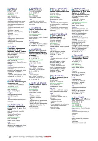 Pb 94 Fresnes Section
d'enseignement professionnel du
lycée Fréderic Mistral
Pr 94 Joinville-le-Pont Lycée
professionnel de l'ensemble Sainte-
Marie
Pb 94 Le Kremlin-Bicêtre Section
d'enseignement professionnel du
lycée Darius Milhaud
Pb 94 Maisons-Alfort Lycée
professionnel Paul Bert
Pb 94 Nogent-sur-Marne Lycée
professionnel la Source-Val de
Beauté
A 94 Saint-Maur-des-Fossés CFA
de la Chambre de métiers et de
l'artisanat duVal de Marne
Pb 94Villeneuve-le-Roi Section
d'enseignement professionnel du
lycée Georges Brassens
Pb 94Vincennes Lycée professionnel
Jean Moulin
Pb 94Vitry-sur-Seine Lycée
professionnel Camille Claudel
BacproPoissonnierécailler
traiteur
A 94 Rungis CFA de la poissonnerie
BacproVente(prospection,
négociation,suivide
clientèle)
Pb 77 Chelles Lycée professionnel
Louis Lumière
Pb 77 Claye-Souilly Lycée
professionnel le Champ de Claye
A 77 Emerainville CFA UTEC Marne-
la-Vallée commerce,services,
comptabilité,gestion
Pr 77 Fontainebleau Section
d'enseignement professionnel du
lycée polyvalent privé Blanche de
Castille
Pb 77 Meaux Lycée professionnel
Charles Baudelaire
Pr 77 Meaux Lycée professionnel
Jean Rose - secteur tertiaire,
sanitaire et social
Pb 77 Montereau-Fault-Yonne
Section d'enseignement
professionnel du lycée polyvalent
FloraTristan
Pb 77 Nemours Section
d'enseignement professionnel du
lycée Etienne Bezout
Pb 77 Ozoir-la-Ferrière Lycée
professionnel LinoVentura
Pb 77 Savigny-le-Temple Lycée
professionnelAntonin Carême
Pb 77Thorigny-sur-Marne Lycée
professionnelAuguste Perdonnet
Pb 77Vaux-le-Pénil Section
d'enseignement professionnel du
lycée Simone Signoret
Pb 93Aubervilliers Section
d'enseignement professionnel du
lycée polyvalent d'Alembert
Pr 93Aulnay-sous-Bois Section
d'enseignement professionnel du
lycée polyvalent privé protectorat
Saint-Joseph
Pb 93 Bondy Section d'enseignement
professionnel du lycée Léo Lagrange
Pb 93 Clichy-sous-Bois Section
d'enseignement professionnel du
lycéeAlfred Nobel
Pb 93 Epinay-sur-Seine Lycée
professionnel Louise Michel
Pb 93 Gagny Lycée professionnel Jean
Baptiste Clément
Pb 93 Le Blanc-Mesnil Section
d'enseignement professionnel du
lycée Jean Moulin
Pb 93 Montreuil Section
d'enseignement professionnel du
lycée Eugénie Cotton
Pb 93 Noisy-le-Sec Lycée
professionnelThéodore Monod
Pb 93 Rosny-sous-Bois Lycée
professionnel Jean Moulin
Pb 93 Saint-Denis Section
d'enseignement professionnel du
lycée Suger
Pb 93 Stains Section d'enseignement
professionnel du lycée Maurice
Utrillo
Pb 93Tremblay-en-France Section
d'enseignement professionnel du
lycée Léonard deVinci
Pb 94 Champigny-sur-Marne Section
d'enseignement professionnel du
lycée LangevinWallon
Pb 94 Choisy-le-Roi Lycée
professionnel Jean Macé
Pb 94 Créteil Section d'enseignement
professionnel du lycée Léon Blum
Pb 94 Fontenay-sous-Bois Lycée
professionnel Jules Michelet
Pb 94 Fresnes Section
d'enseignement professionnel du
lycée Fréderic Mistral
Pr 94 Joinville-le-Pont Lycée
professionnel de l'ensemble Sainte-
Marie
Pb 94 Le Kremlin-Bicêtre Section
d'enseignement professionnel du
lycée Darius Milhaud
Pb 94 Nogent-sur-Marne Lycée
professionnel la Source-Val de
Beauté
Pb 94Villeneuve-le-Roi Section
d'enseignement professionnel du
lycée Georges Brassens
Pb 94Vincennes Lycée professionnel
Jean Moulin
Pb 94Vitry-sur-Seine Lycée
professionnel Camille Claudel
CAPEmployédecommerce
multi-spécialités
Pb 77 Claye-Souilly Lycée
professionnel le Champ de Claye
Pb 77 Montereau-Fault-Yonne
Section d'enseignement
professionnel du lycée polyvalent
FloraTristan
Pb 77 Nemours Section
d'enseignement professionnel du
lycée Etienne Bezout
Pb 77 Provins Section
d'enseignement professionnel du
lycéeThibaut de Champagne
Pb 77 Savigny-le-Temple Lycée
professionnelAntonin Carême
Pb 77Thorigny-sur-Marne Lycée
professionnelAuguste Perdonnet
Pb 93 Clichy-sous-Bois Section
d'enseignement professionnel du
lycéeAlfred Nobel
Pb 93 Epinay-sur-Seine Lycée
professionnel Louise Michel
Pb 93 Gagny Lycée professionnel Jean
Baptiste Clément
Pb 93 Le Blanc-Mesnil Section
d'enseignement professionnel du
lycée Jean Moulin
Pr 93 Le Raincy Lycée professionnel
Jeanne la Lorraine
Pr 93 Noisy-le-Grand Lycée
professionnel Françoise Cabrini
A 93 Noisy-le-Grand Lycée
professionnel Françoise Cabrini
Pb 93 Noisy-le-Sec Lycée
professionnelThéodore Monod
Pb 93Villepinte Lycée professionnel
Georges Brassens
Pb 94 Maisons-Alfort Lycée
professionnel Paul Bert
Pb 94 Nogent-sur-Marne Lycée
professionnel la Source-Val de
Beauté
CAPEmployédevente
spécialiséoptionAproduits
alimentaires
Pb 77 Champagne-sur-Seine Section
d'enseignement professionnel du
lycée Georges Clemenceau
Pb 77 Chelles Lycée professionnel
Louis Lumière
A 77 Meaux CFA de la Chambre de
métiers et de l'artisanat - annexe
de Meaux
A 77 Saint-Germain-Laval CFA I.M.A.
des Deux Fleuves (Institut des
Métiers de l'Artisanat)
A 93 Noisy-le-Grand Lycée
professionnel Françoise Cabrini
Pr 93 Noisy-le-Grand Lycée
professionnel Françoise Cabrini
Pb 93 Noisy-le-Sec Lycée
professionnelThéodore Monod
Pb 94 Chevilly-Larue Lycée Pauline
Roland
A 94 Saint-Maur-des-Fossés CFA
de la Chambre de métiers et de
l'artisanat duVal de Marne
CAPEmployédevente
spécialiséoptionBproduits
d'équipementcourant
A 77 Meaux CFA de la Chambre de
métiers et de l'artisanat - annexe
de Meaux
Pb 77 Montereau-Fault-Yonne
Section d'enseignement
professionnel du lycée polyvalent
FloraTristan
Pb 77 Nemours Section
d'enseignement professionnel du
lycée Etienne Bezout
Pb 77 Ozoir-la-Ferrière Lycée
professionnel LinoVentura
A 77 Saint-Germain-Laval CFA I.M.A.
des Deux Fleuves (Institut des
Métiers de l'Artisanat)
Pb 77Thorigny-sur-Marne Lycée
professionnelAuguste Perdonnet
Pb 93 Clichy-sous-Bois Section
d'enseignement professionnel du
lycéeAlfred Nobel
Pb 93 Gagny Lycée professionnel Jean
Baptiste Clément
Pb 93Villepinte Lycée professionnel
Georges Brassens
Pb 94 Choisy-le-Roi Lycée
professionnel Jean Macé
Pb 94 Nogent-sur-Marne Lycée
professionnel la Source-Val de
Beauté
A 94 Saint-Maur-des-Fossés CFA
de la Chambre de métiers et de
l'artisanat duVal de Marne
CAPEmployédevente
spécialiséoptionDproduits
delibrairie-papeterie-presse
A 93 Montreuil CFA de la librairie
Pb 93 Montreuil Section
d'enseignement professionnel du
lycée Eugénie Cotton
CAPFleuriste
A 77 Saint-Germain-Laval CFA I.M.A.
des Deux Fleuves (Institut des
Métiers de l'Artisanat)
Pb 93 Montreuil Section
d'enseignement professionnel du
lycée des métiers de l'horticulture et
du paysage
A 93Vaujours Lycée du paysage et de
l'environnement Fénelon
A 94 Saint-Maur-des-Fossés CFA
de la Chambre de métiers et de
l'artisanat duVal de Marne
CAPPoissonnier
A 94 Rungis CFA de la poissonnerie
CAPVendeur-magasinier
enpiècesderechangeet
équipementsautomobiles
Pb 77 Coulommiers Section
d'enseignement professionnel du
lycée polyvalent Georges Cormier
Electricité,
électronique,
énergie
BacproElectrotechnique,
énergie,équipements
communicants
Pr 77 Bussy-Saint-Georges Section
d'enseignement professionnel
du lycée polyvalent privé Maurice
Rondeau
A 77 Bussy-Saint-Georges Section
d'enseignement professionnel
du lycée polyvalent privé Maurice
Rondeau
Pb 77 Champagne-sur-Seine Lycée
polyvalent La Fayette
Pb 77 Chelles Lycée professionnel
Louis Lumière
Pb 77 Combs-la-Ville Lycée
professionnel Jacques Prévert
A 77 Dammarie-les-Lys CFAI Seine et
Marne (annexe)
Pb 77 Dammarie-les-Lys Section
d'enseignement professionnel du
lycée polyvalent Frédéric Joliot-Curie
A 77 Meaux CFA de la Chambre de
métiers et de l'artisanat - annexe
de Meaux
Pb 77 Meaux Lycée professionnel
Pierre de Coubertin
Pb 77 Melun Section d'enseignement
professionnel du lycée polyvalent
Léonard deVinci
Pb 77 Moissy-Cramayel Section
d'enseignement professionnel du
lycée de la Mare Carrée
A 77 Nangis CFA du bâtiment et des
travaux publics de Nangis
Pb 77 Noisiel Section d'enseignement
professionnel du lycée René Cassin
Pb 77Thorigny-sur-Marne Lycée
professionnelAuguste Perdonnet
Pb 77Tournan-en-Brie Section
d'enseignement professionnel du
lycée polyvalent ClémentAder
Pb 77Varennes-sur-Seine Lycée
professionnel Gustave Eiffel
Pb 93Aubervilliers Lycée
professionnel Jean PierreTimbaud
Pb 93Aulnay-sous-Bois Lycée
professionnelVoillaume
A 93 Bobigny CFA Campus des
métiers et de l'entreprise
ACADÉMIE DE CRÉTEIL l RENTRÉE 2015 l GUIDE APRÈS LA 3e onisep.fr68
 